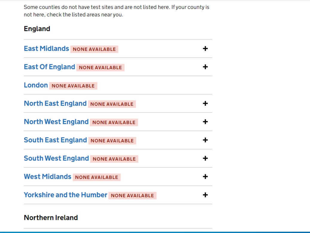 The government website showed a lack of PCR test supply at around 11:20 on Tuesday morning.