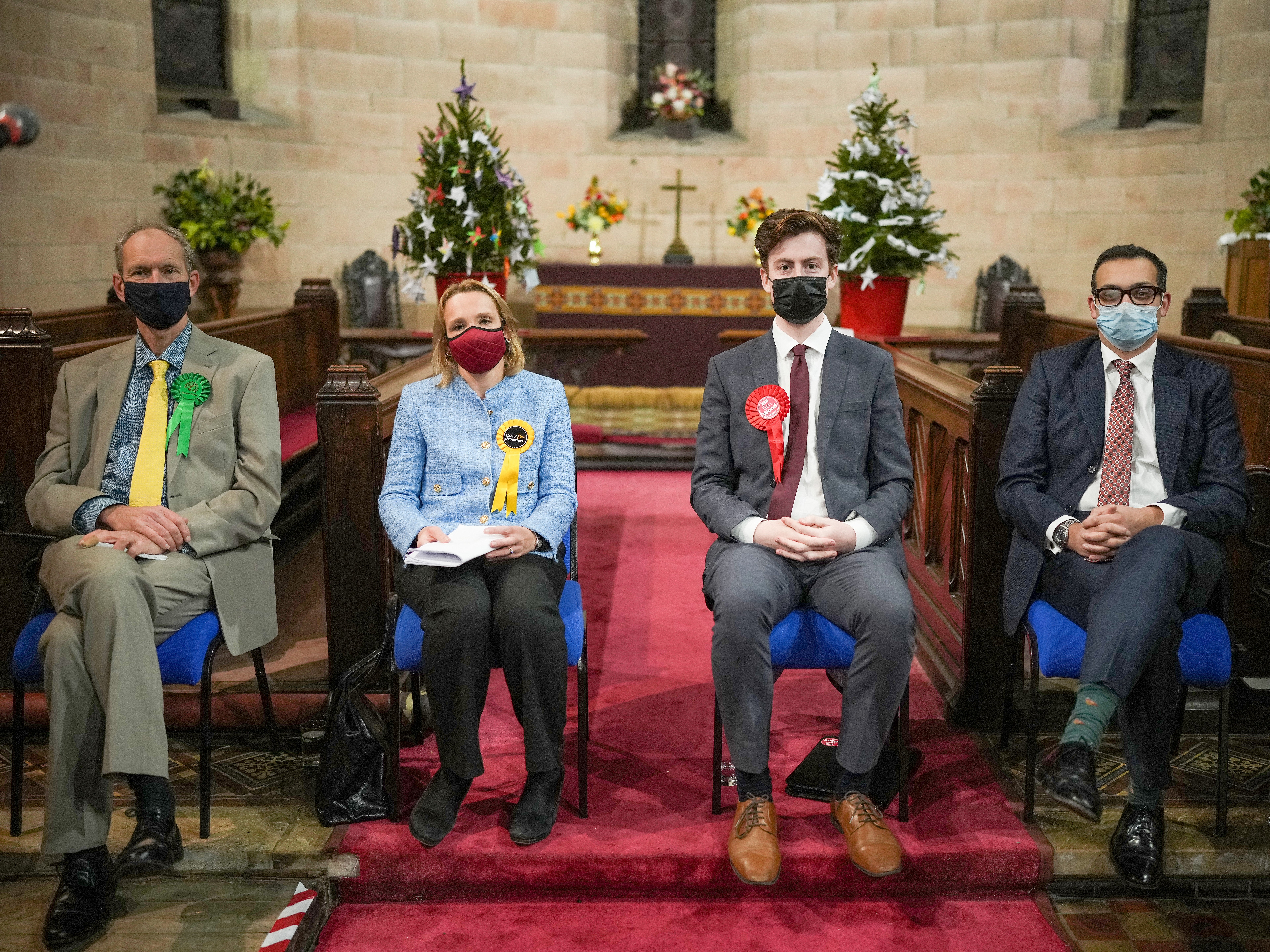 Candidates in the North Shropshire by-election, left to right: Duncan Kerr, Green Party; Helen Morgan, Liberal Democrats; Ben Wood, Labour; and Neil Shastri-Hurst, Conservatives