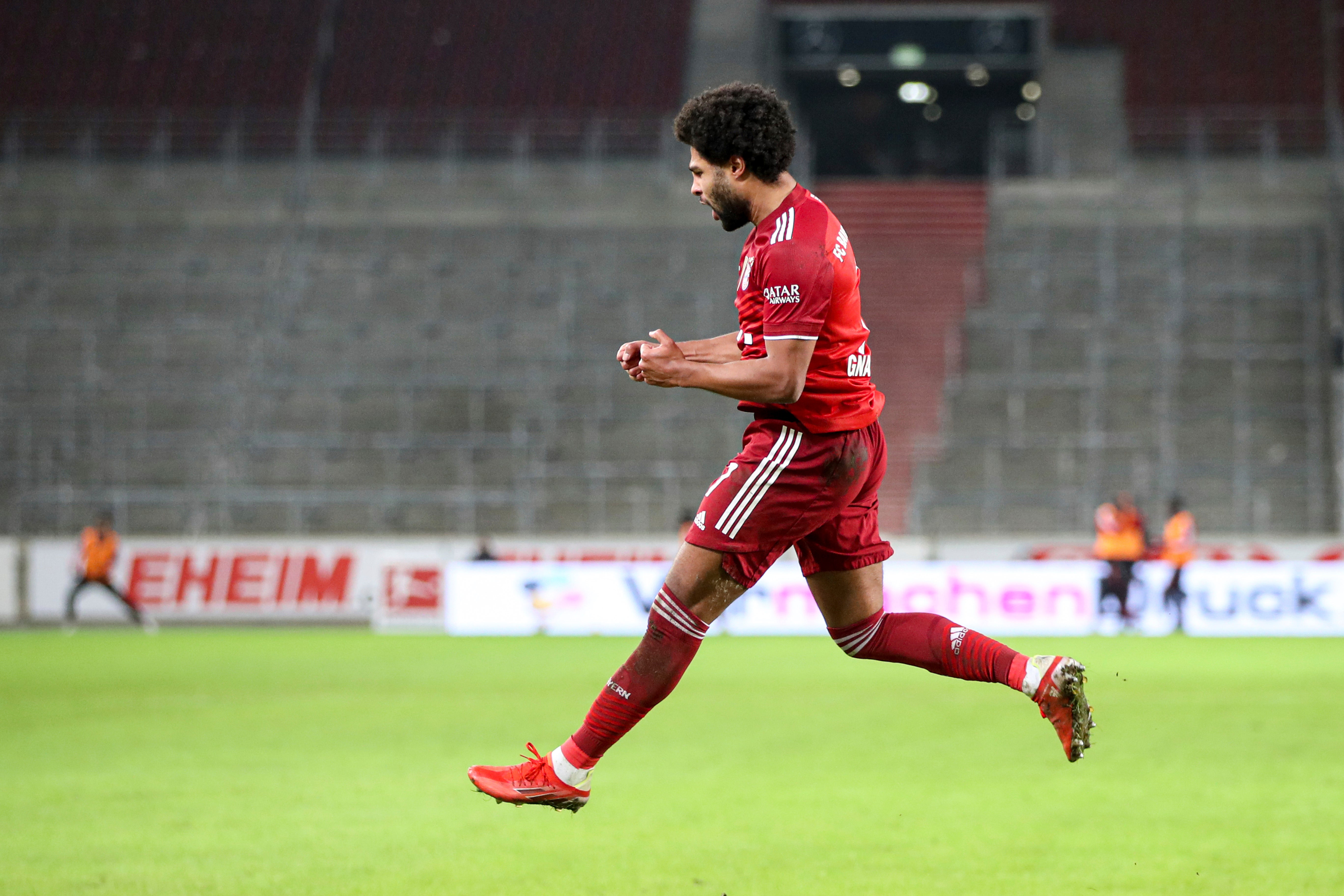 Serge Gnabry celebrates after scoring the second goal of his hat-trick in Bayern Munich’s win at Stuttgart (Tom Weller/AP).