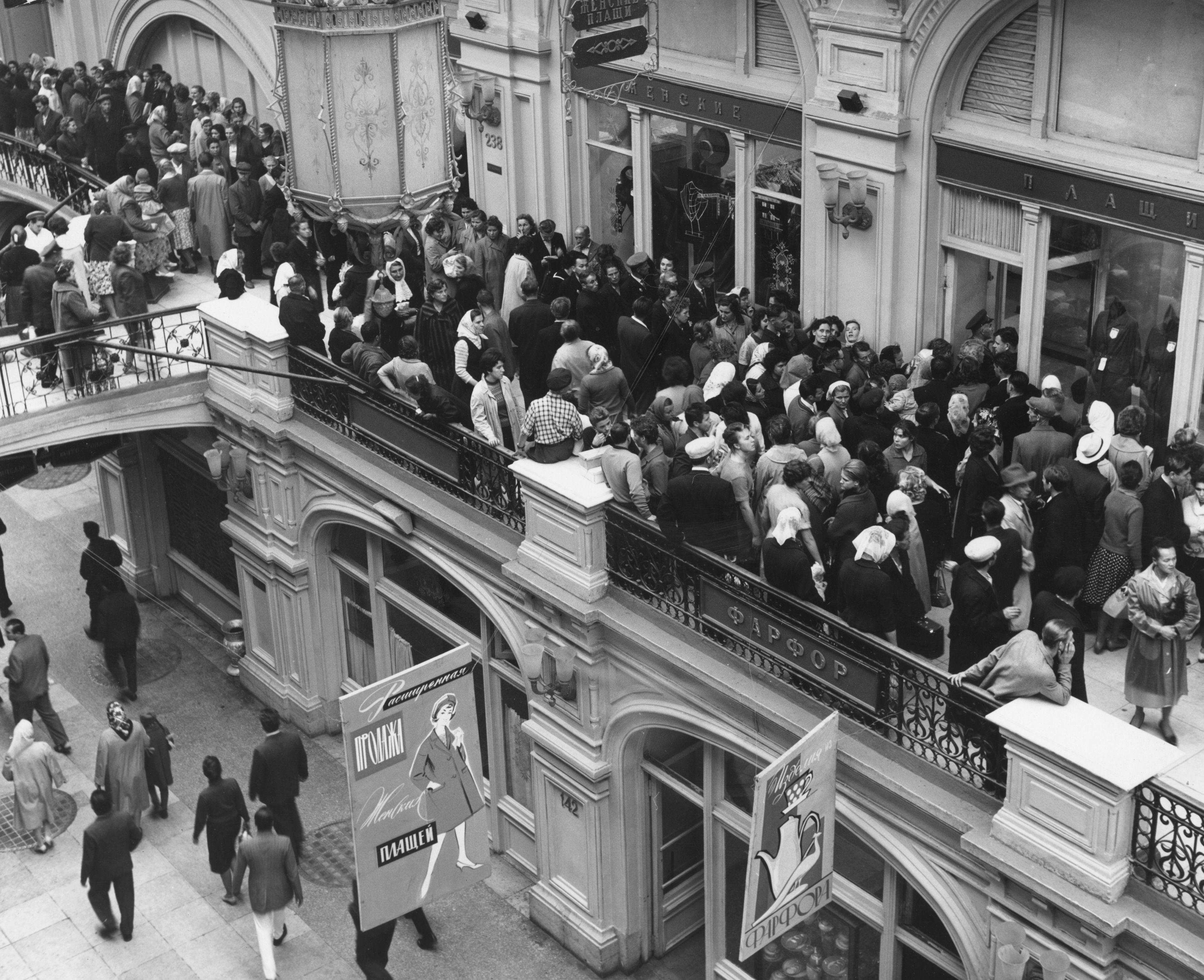 Russian shoppers queue at the GUM department store in Moscow to purchase western goods