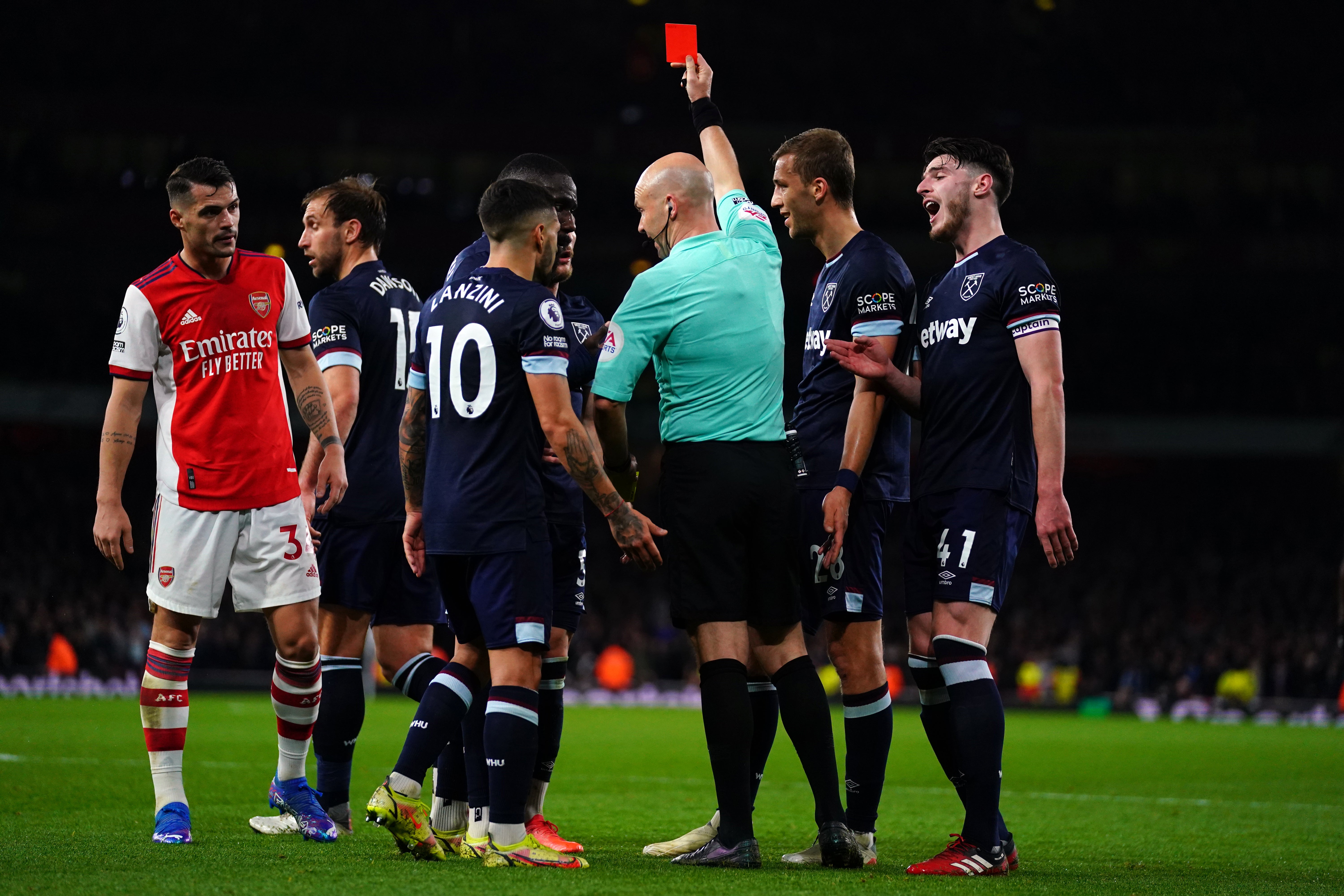 Vladimir Coufal was sent off after conceding a penalty to Arsenal (Nick Potts/PA)