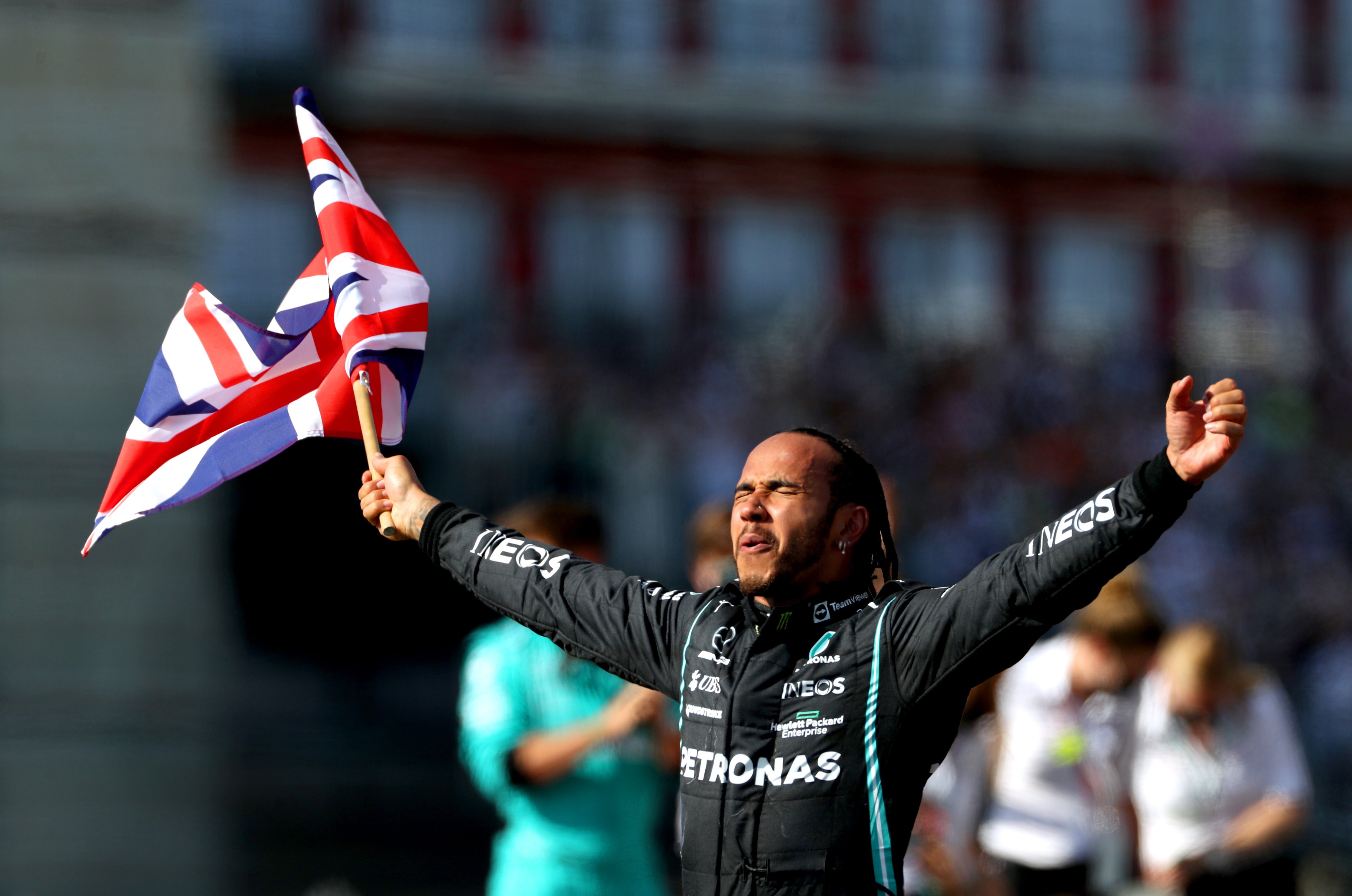 Lewis Hamilton celebrates after winning the 2021 British Grand Prix at Silverstone