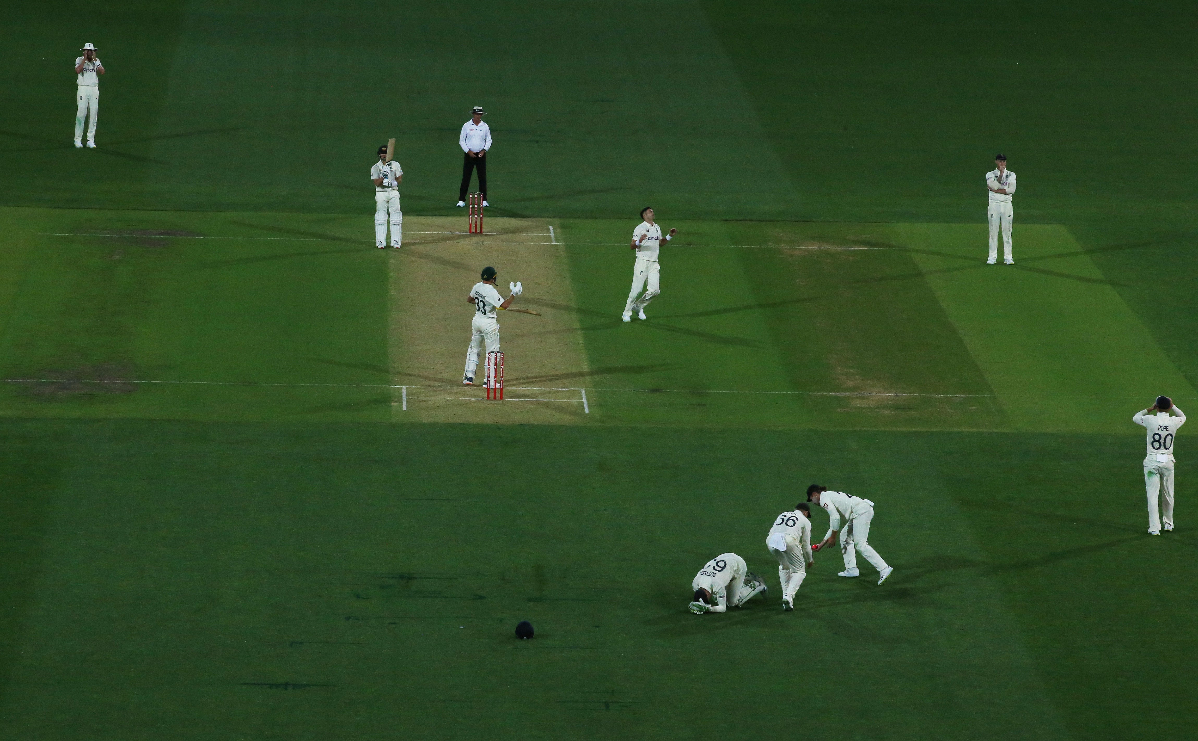 James Anderson reacts as Jos Buttler shells a chance (Jason O’Brien/PA)