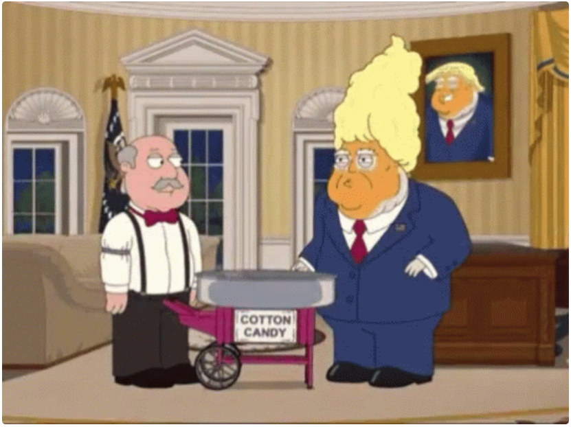 In this screen grab from an episode of “Family Guy,” former president Trump’s hair is mocked as being the result of styling by cotton candy machine