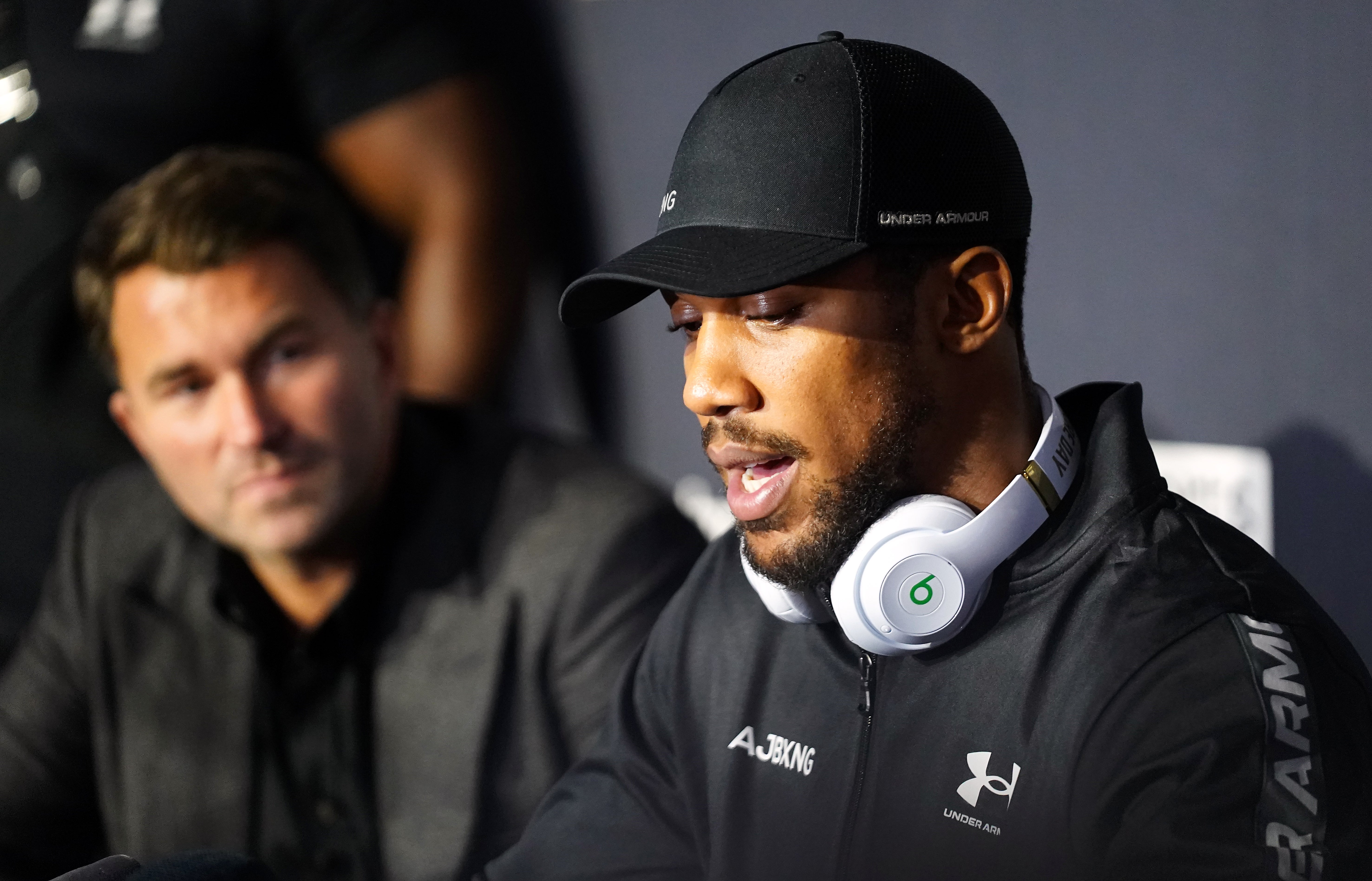 Anthony Joshua, right, and Eddie Hearn (Zac Goodwin/PA)