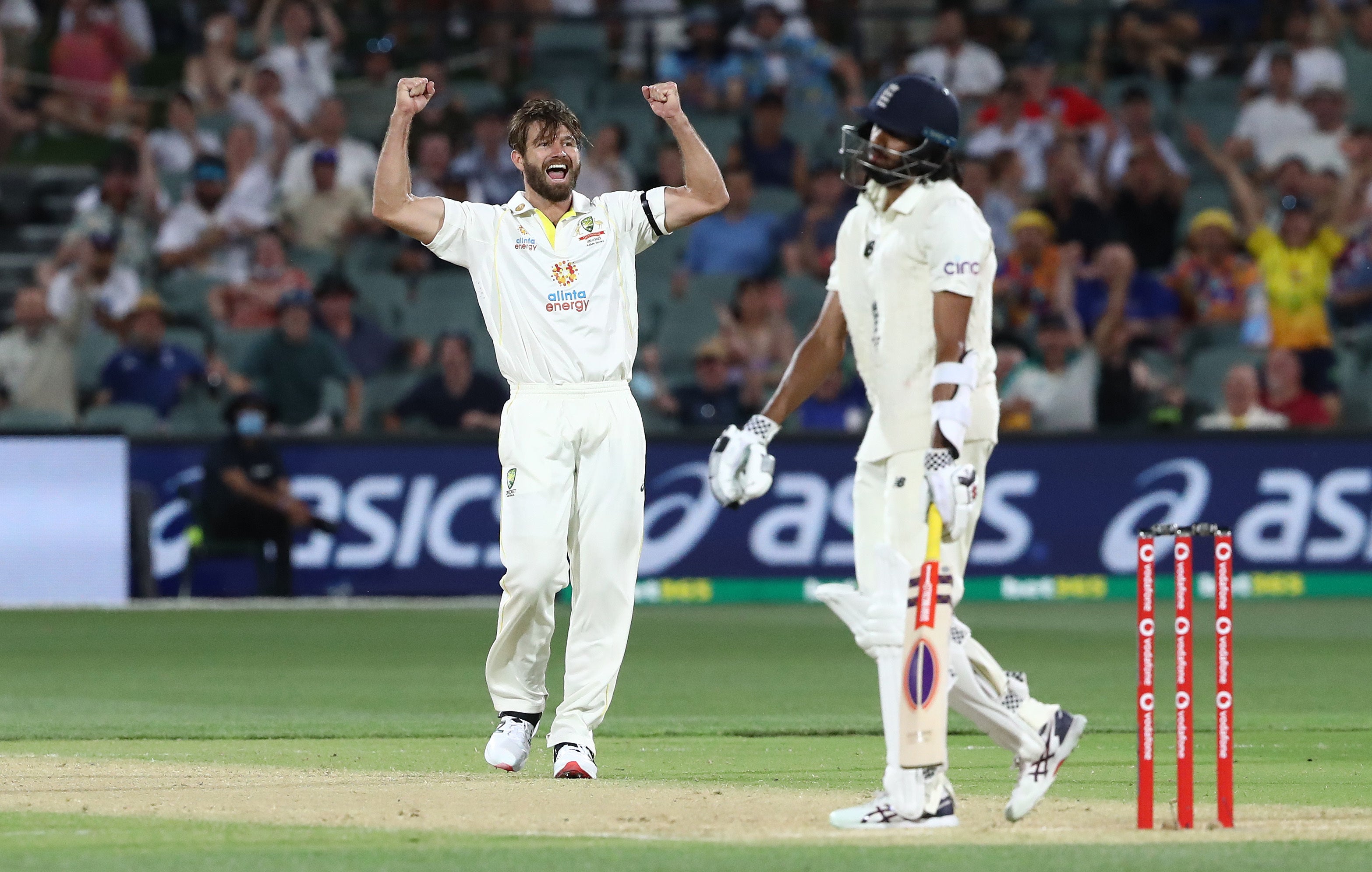 Michael Neser celebrates the wicket of Haseeb Hameed (Jason O’Brien/PA)