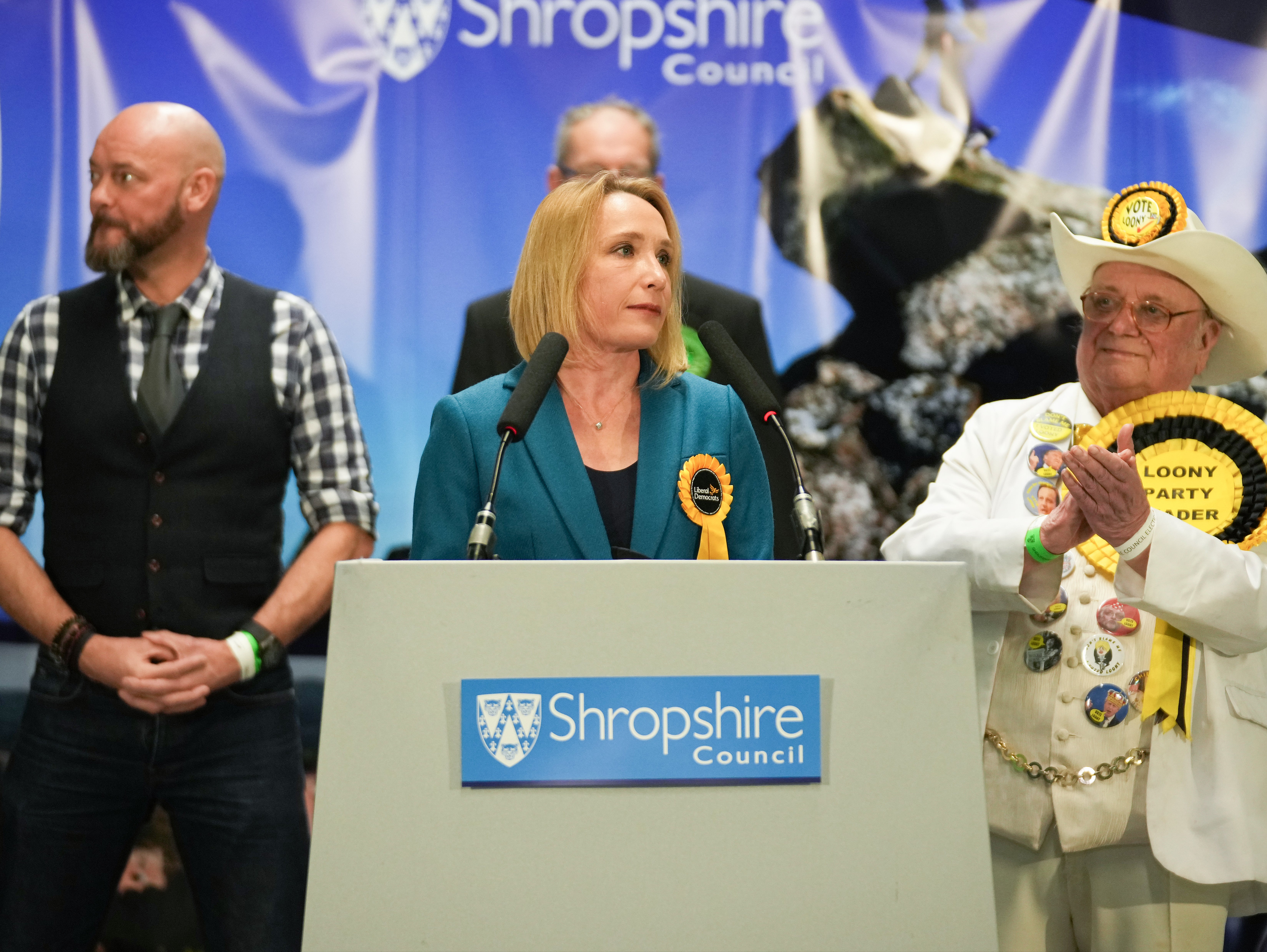Anti-lockdown Freedom Alliance candidate Earl Jesse, left of podium, received fewer votes than the Monster Raving Loony Party candidate, right of podium