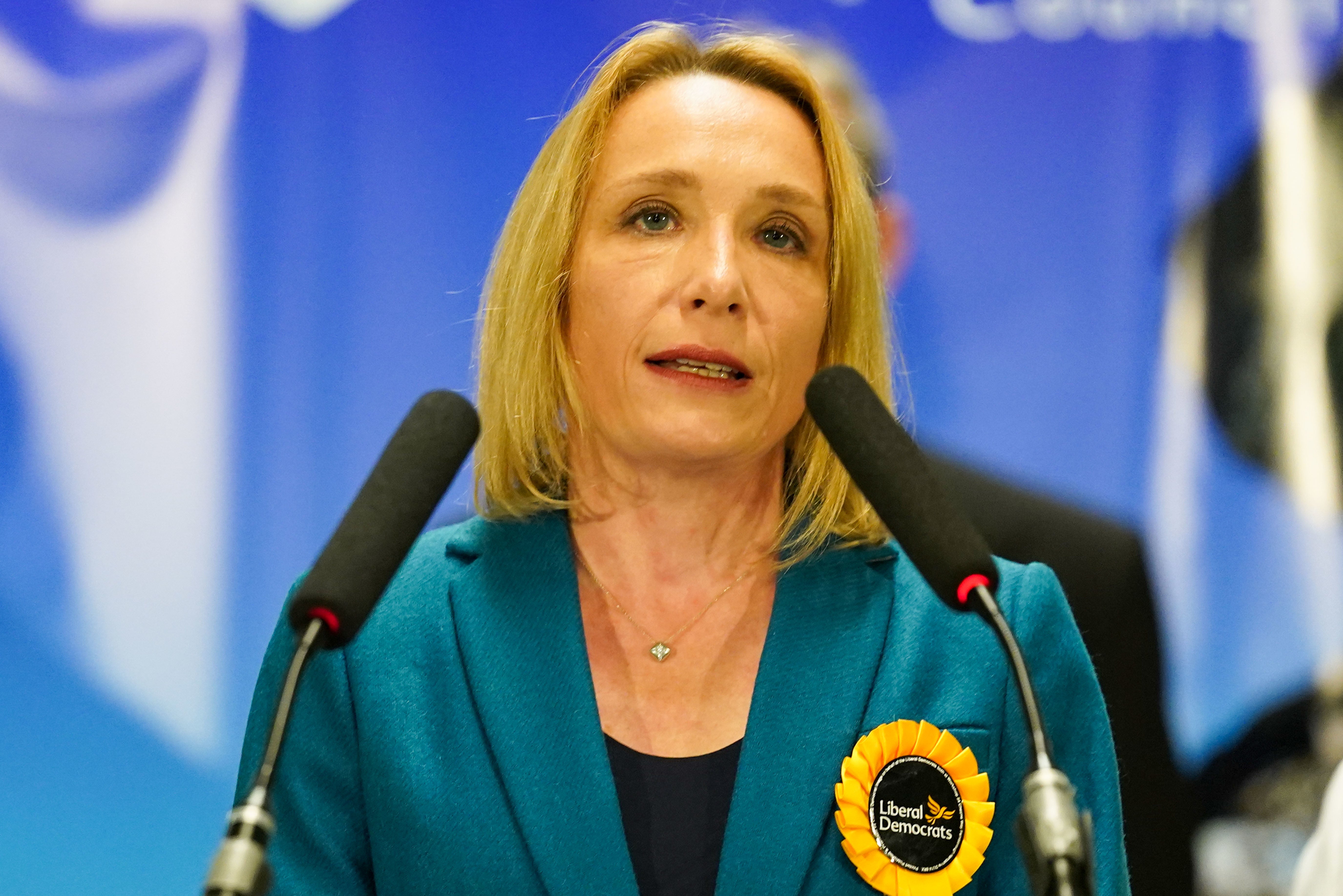 Helen Morgan of the Liberal Democrats makes a speech after being declared the winner in the North Shropshire by-election