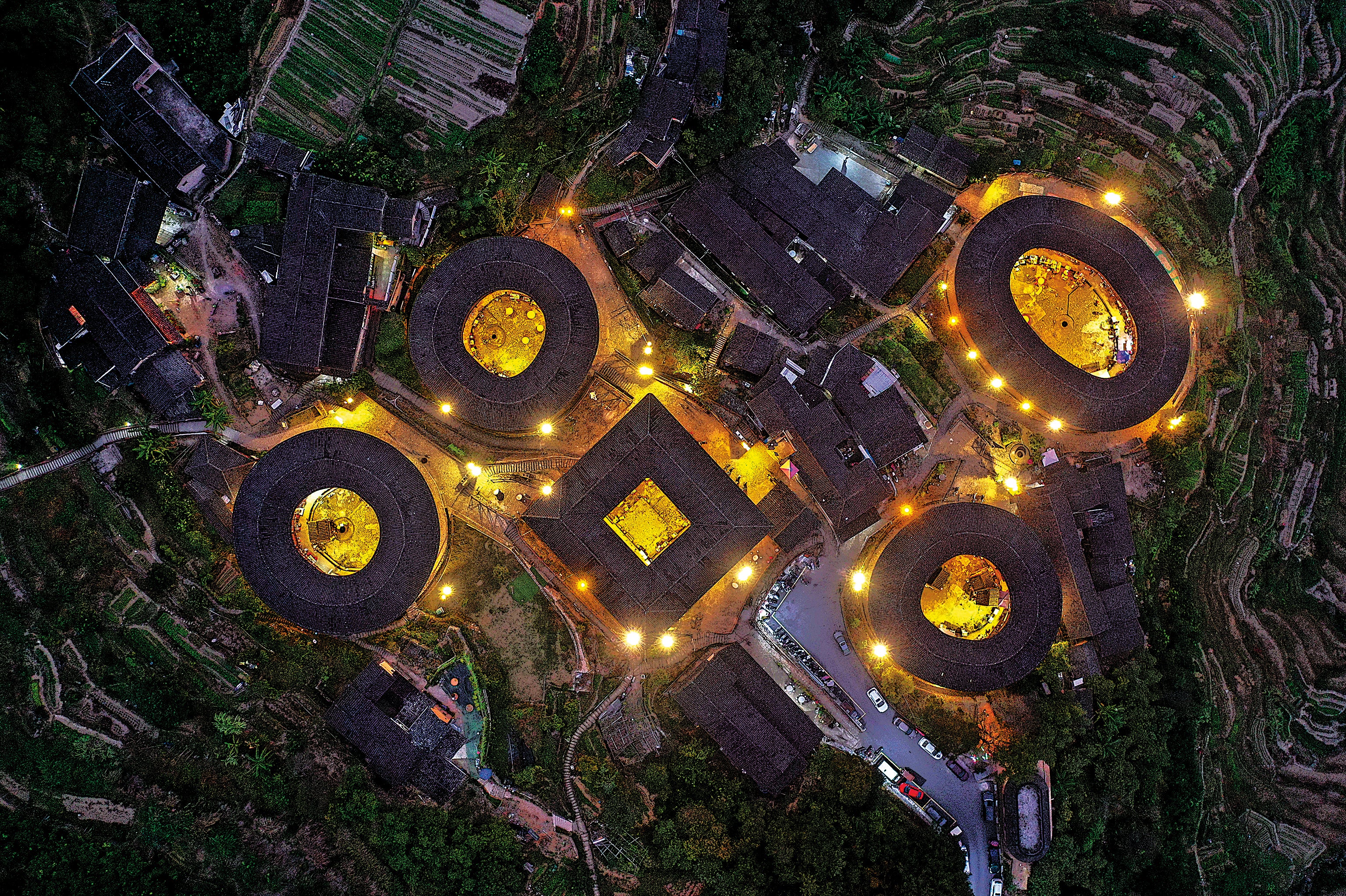 An aerial view of tulou in Nanjing county, Fujian province