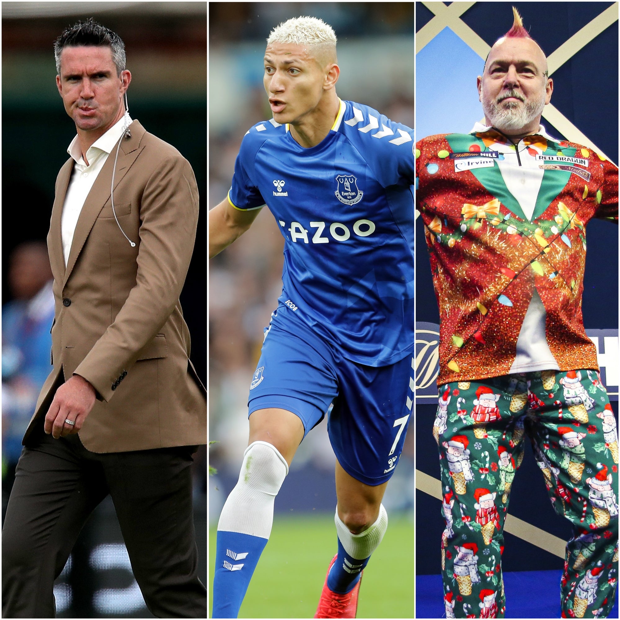 Kevin Pietersen (left), Richarlison (centre) and Peter Wright (Nick Potts/Richard Sellers/Kieran Cleeves/PA)