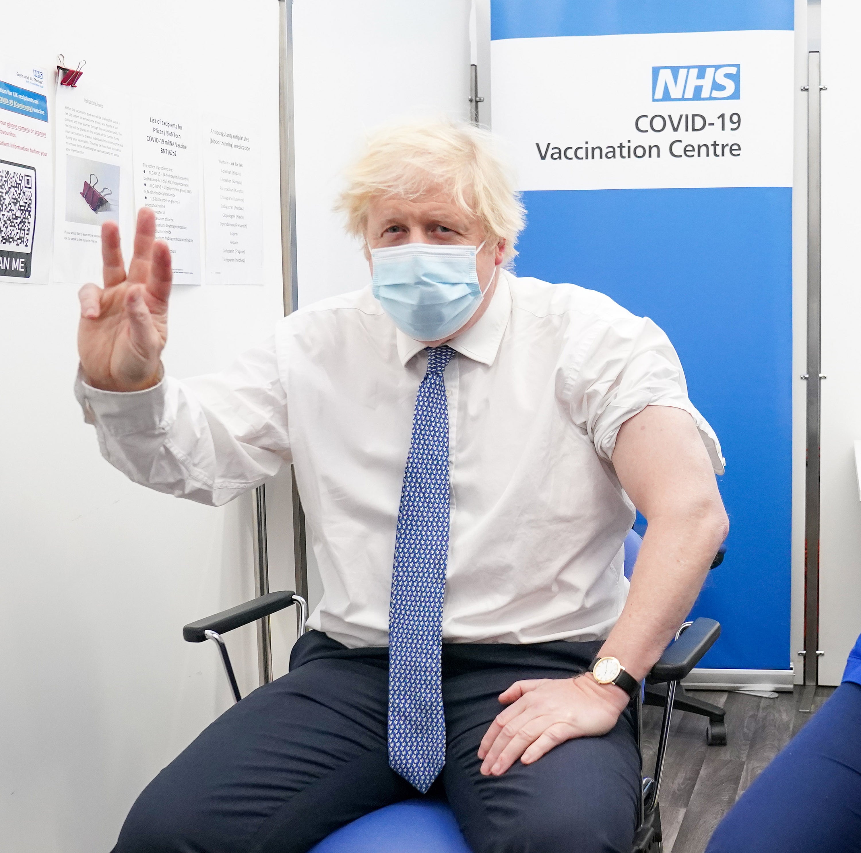 Prime Minister Boris Johnson receives his booster jab of the coronavirus vaccine at St Thomas’ Hospital in London, as the Government accelerates the Covid booster programme to help slow down the spread of the new Omicron variant (Paul Edwards/PA)