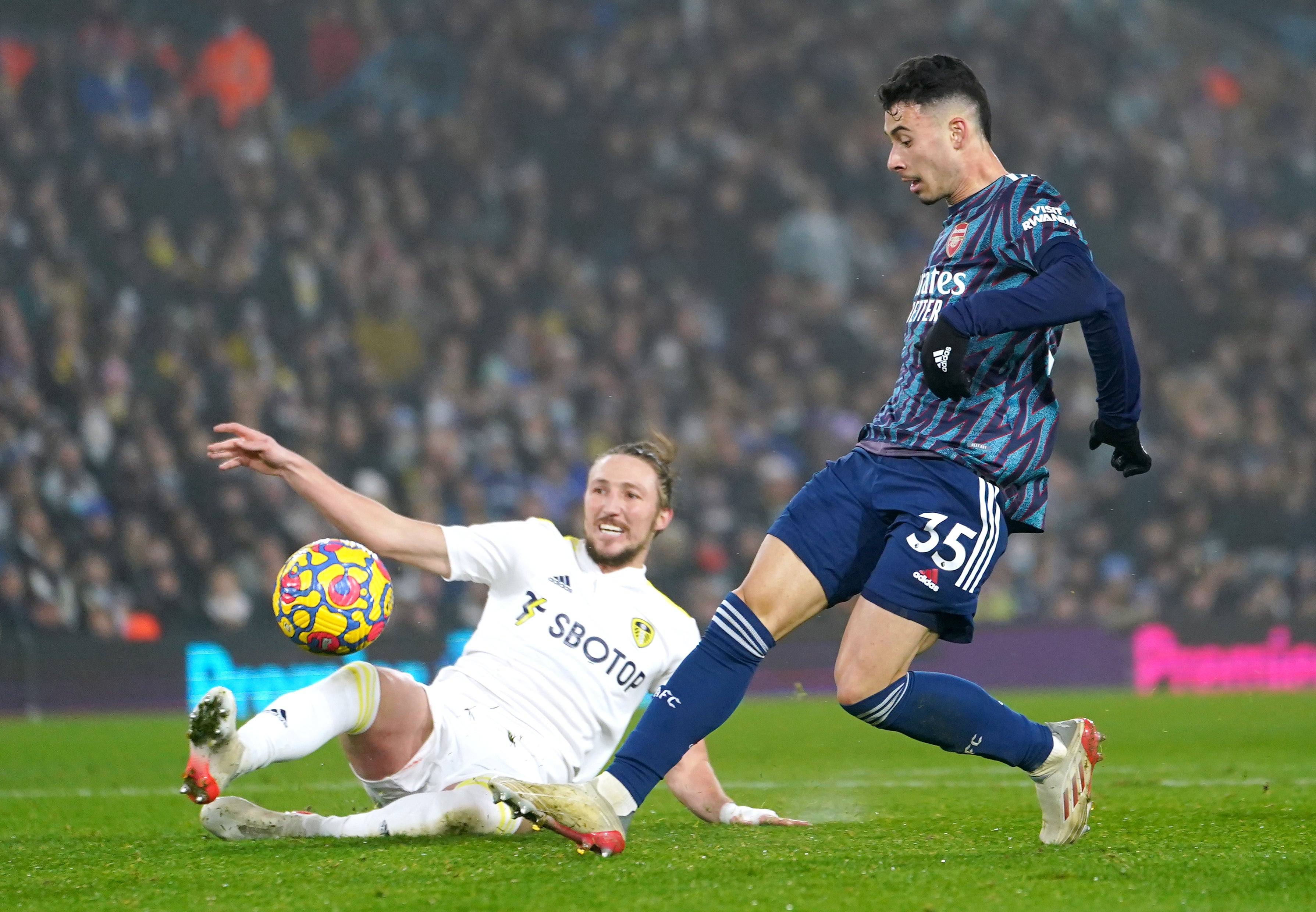 Gabriel Martinelli, right, scores his and Arsenal’s second goal (Mike Egerton/PA)