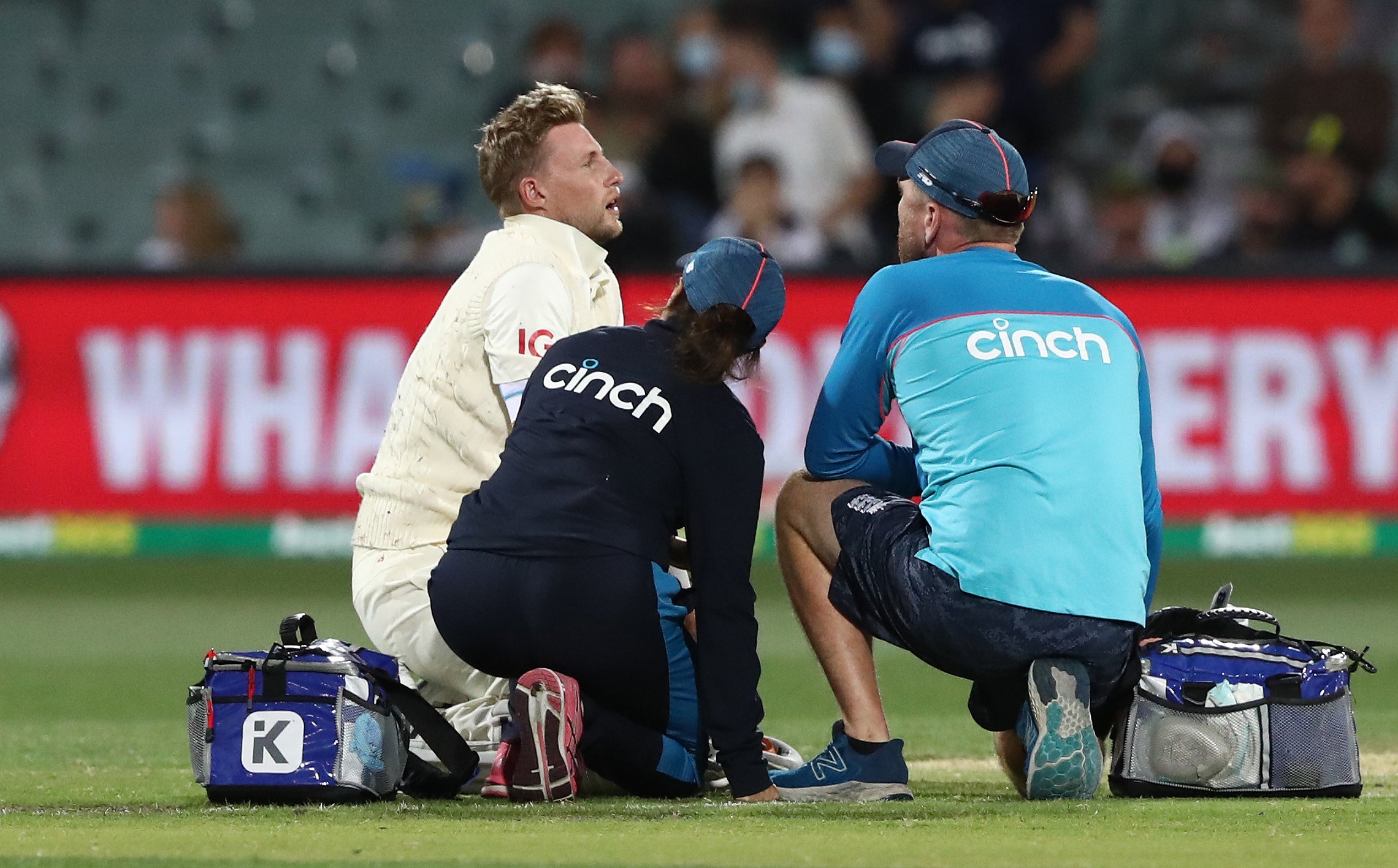 Root (left) visited a local hospital after taking a blow to the groin during the warm-ups