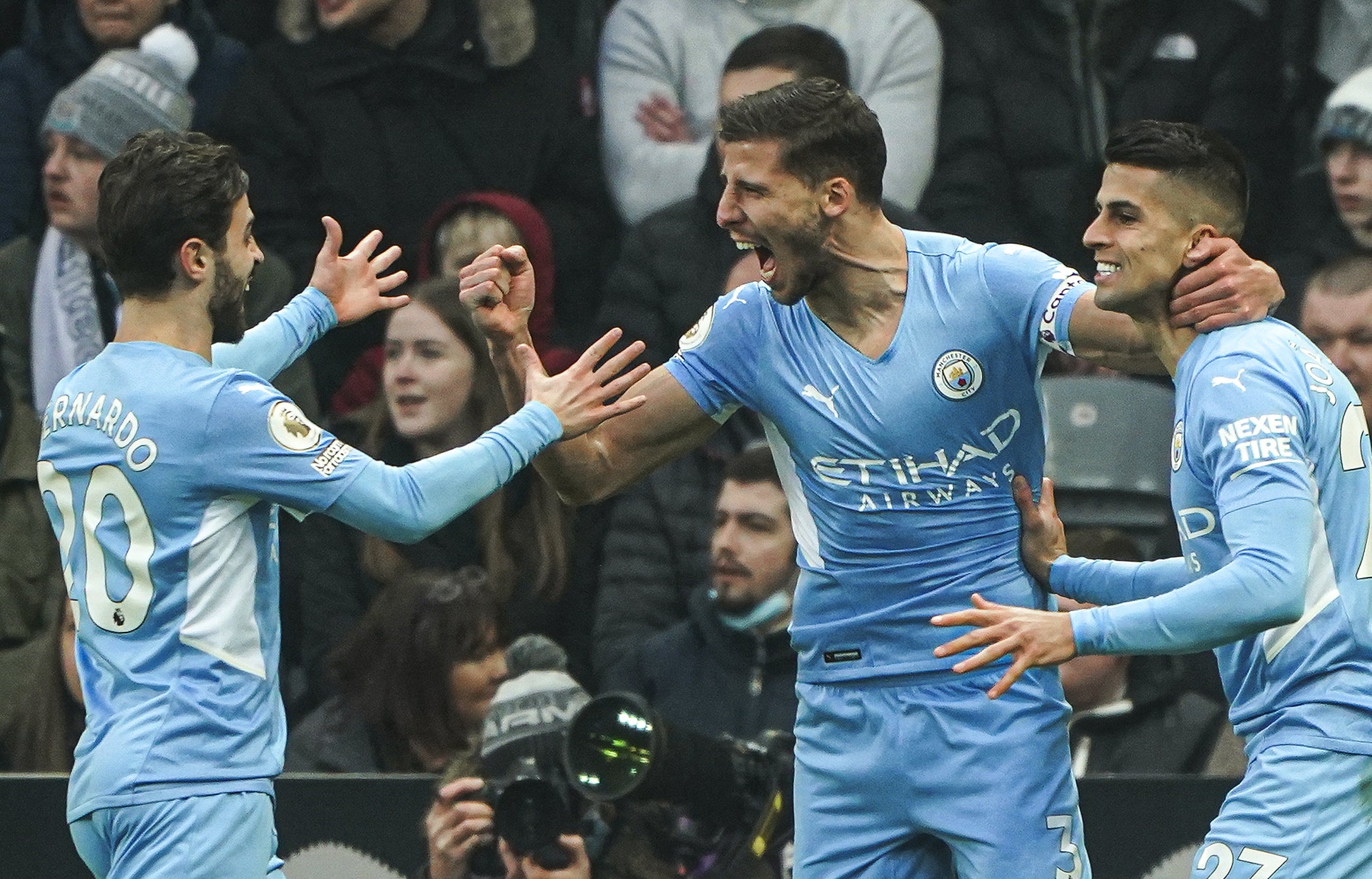 Ruben Dias (centre) celebrates scoring City’s first goal (Owen Humphreys/PA)