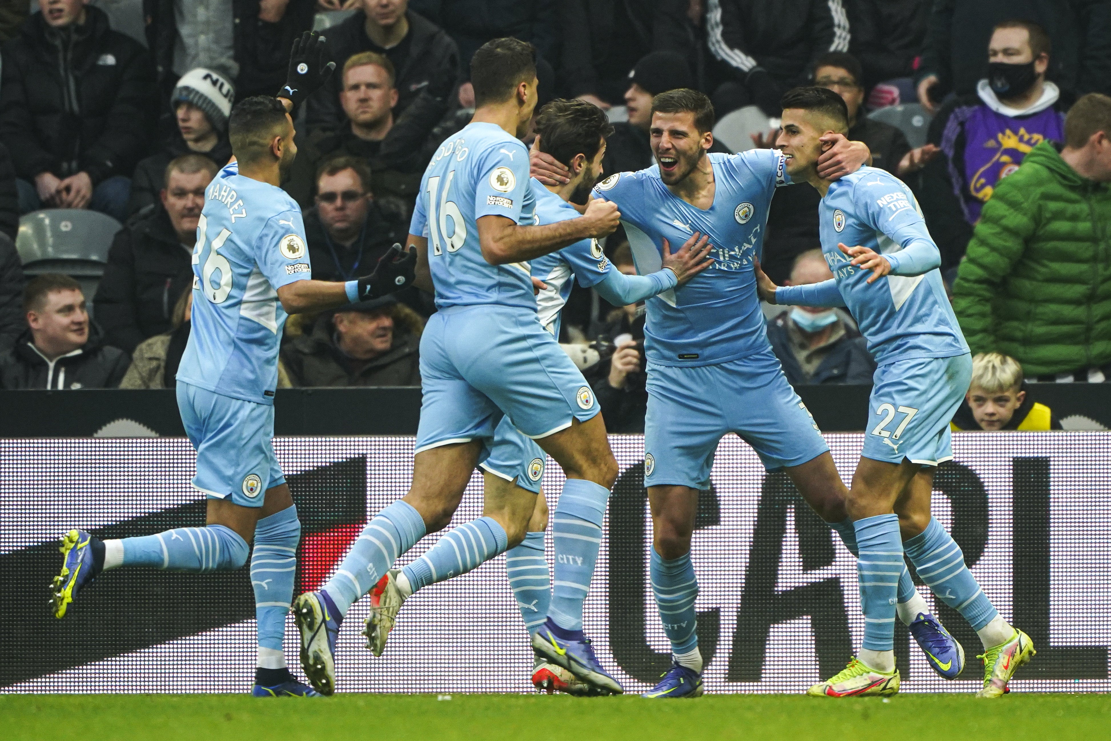 Ruben Dias (second right) celebrates scoring City’s opener (Owen Humphreys/PA)