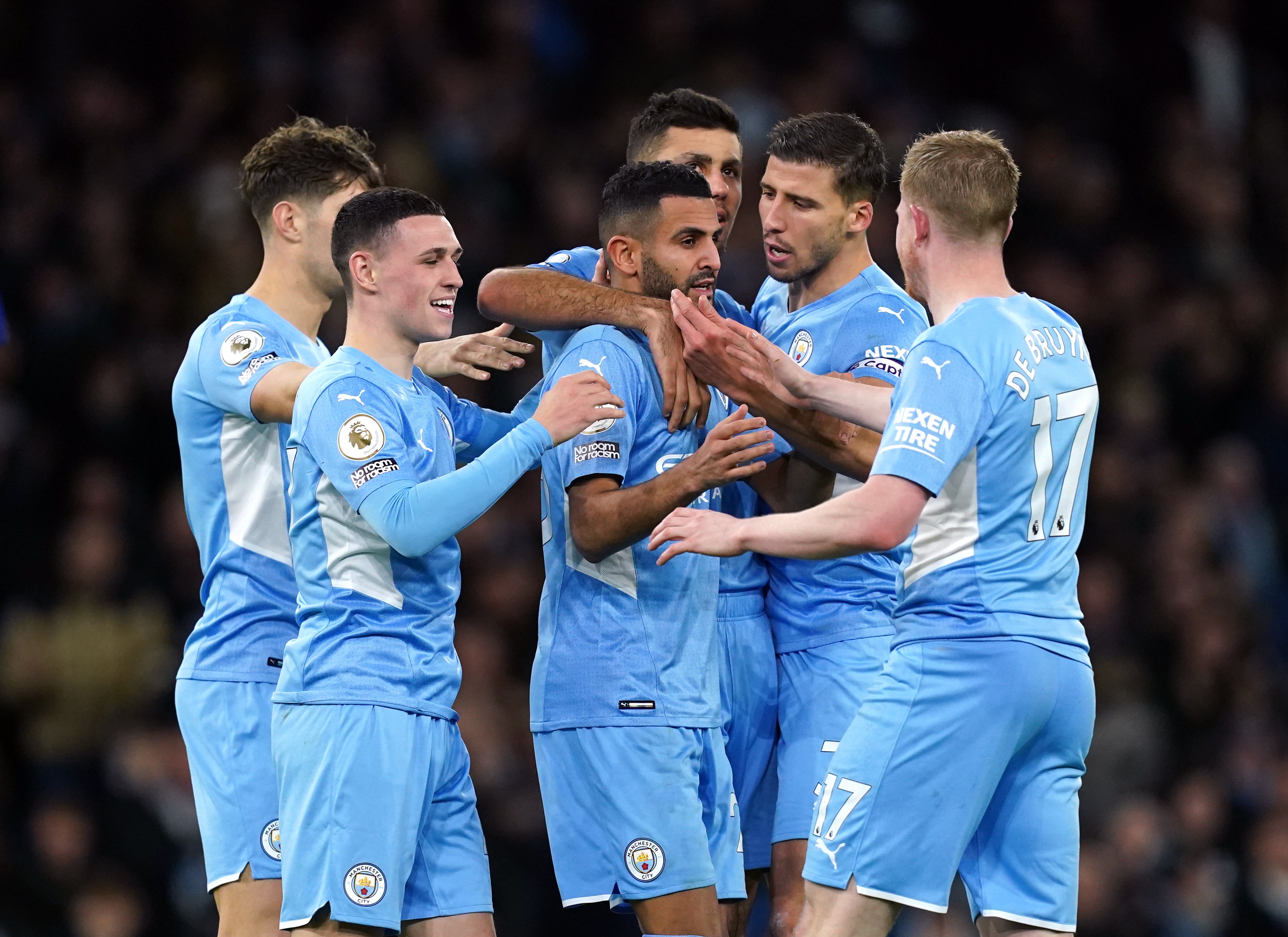 Riyad Mahrez (centre) scored his 50th Manchester City goal in a 4-0 Premier League win at Newcastle (Martin Rickett/PA)