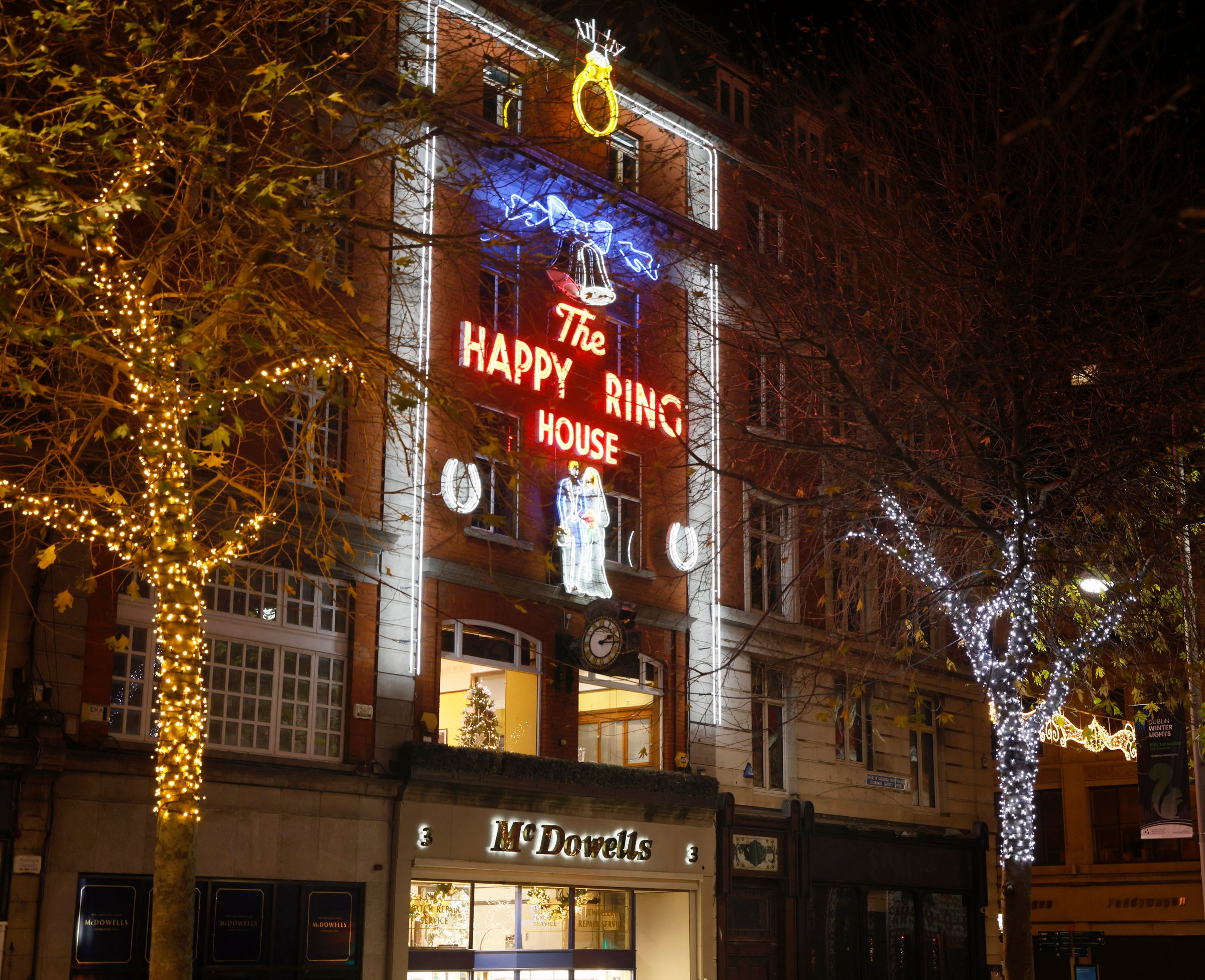 The Happy Ring House neon sign at McDowells Jewellers in Dublin (Kieran Harnett)