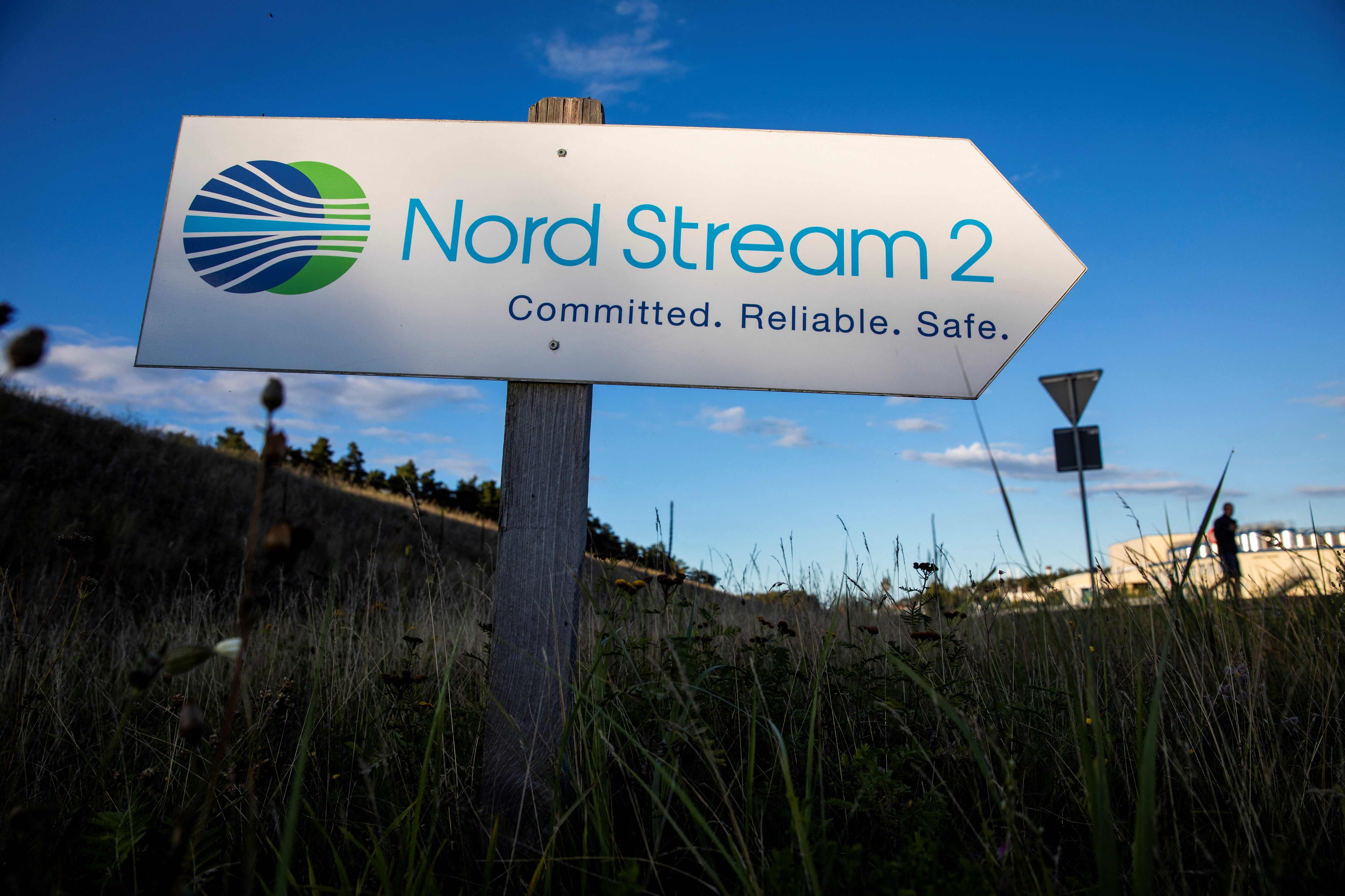 A road sign directing traffic towards the Nord Stream 2 gas line landfall facility entrance in Lubmin, north eastern Germany