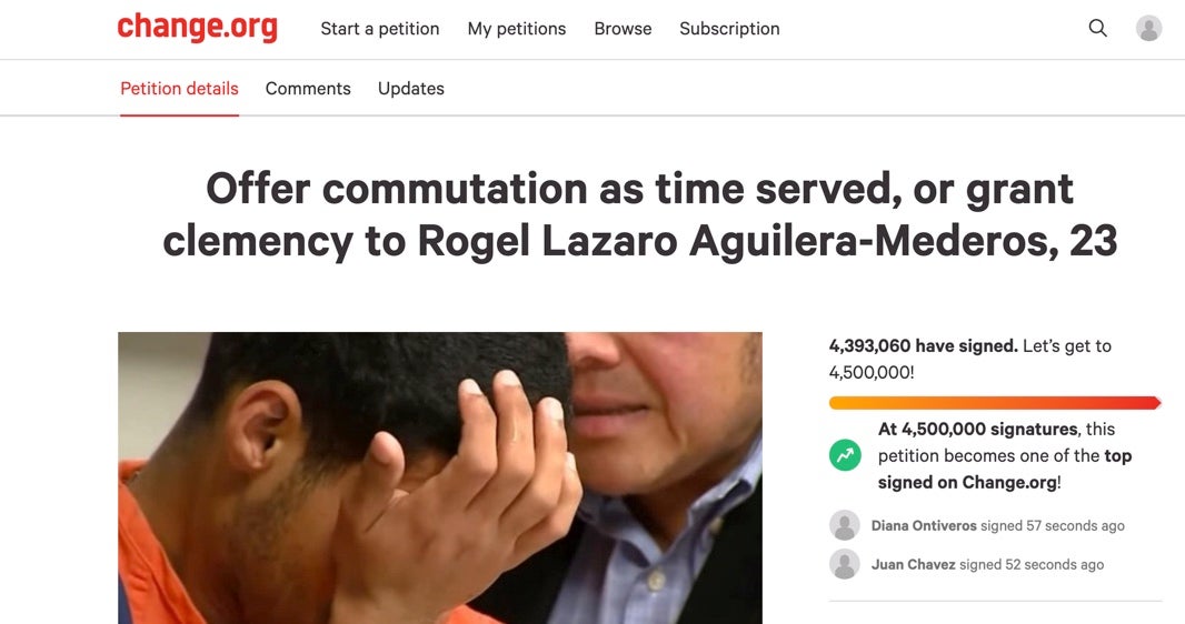 A Change.org petition calling for clemency for Rogel Aguilera-Mederos has reached more than four million signatures