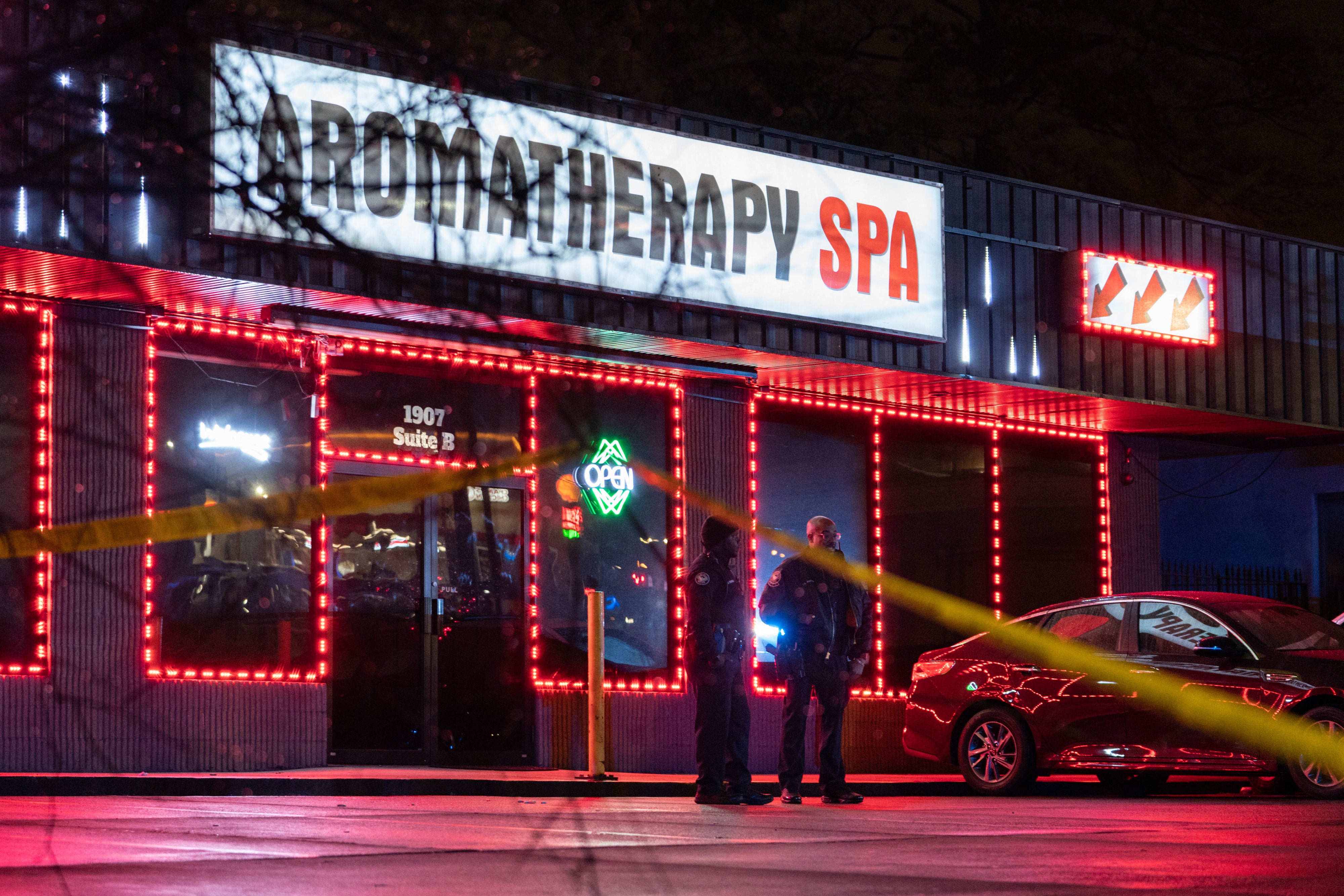 Outside a massage parlour in Atlanta, Georgia, were eight people were killed in shooting at three different spas on 16 March.