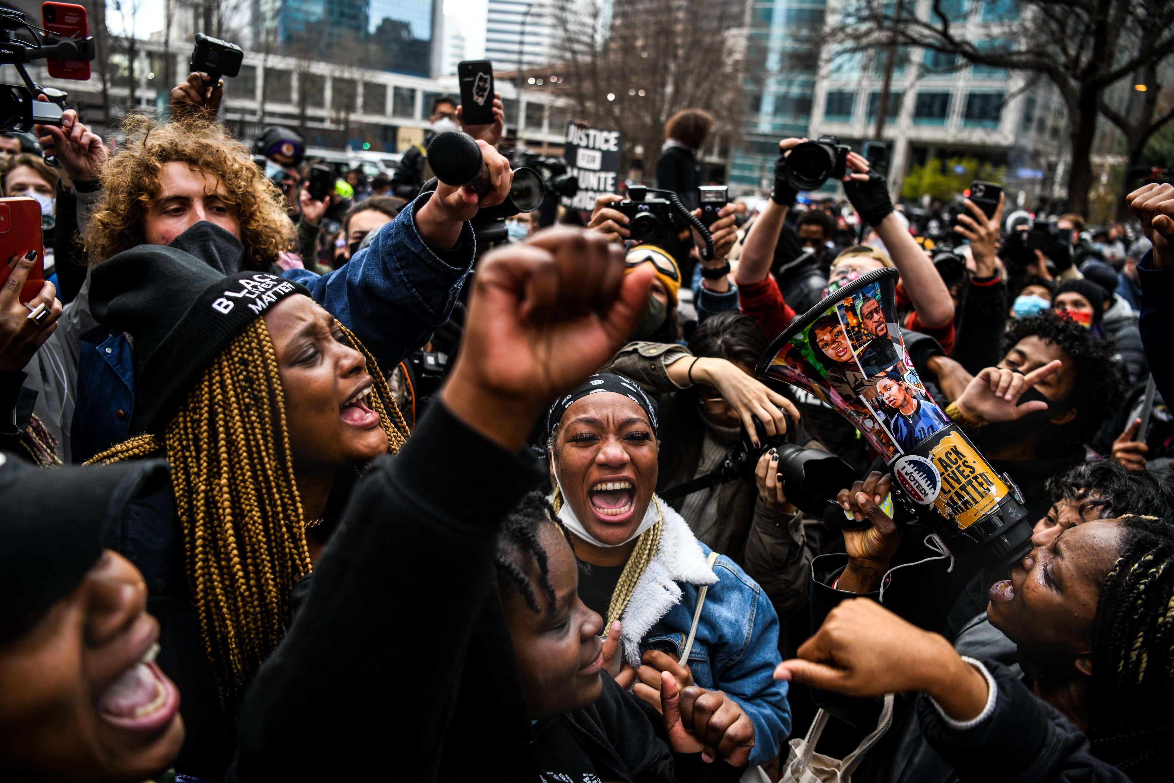 Crowds celebrate as the trial of former Minneapolis police officer Derek Chauvin ended with a guilty verdictn on 20 April, for the death of George Floyd.