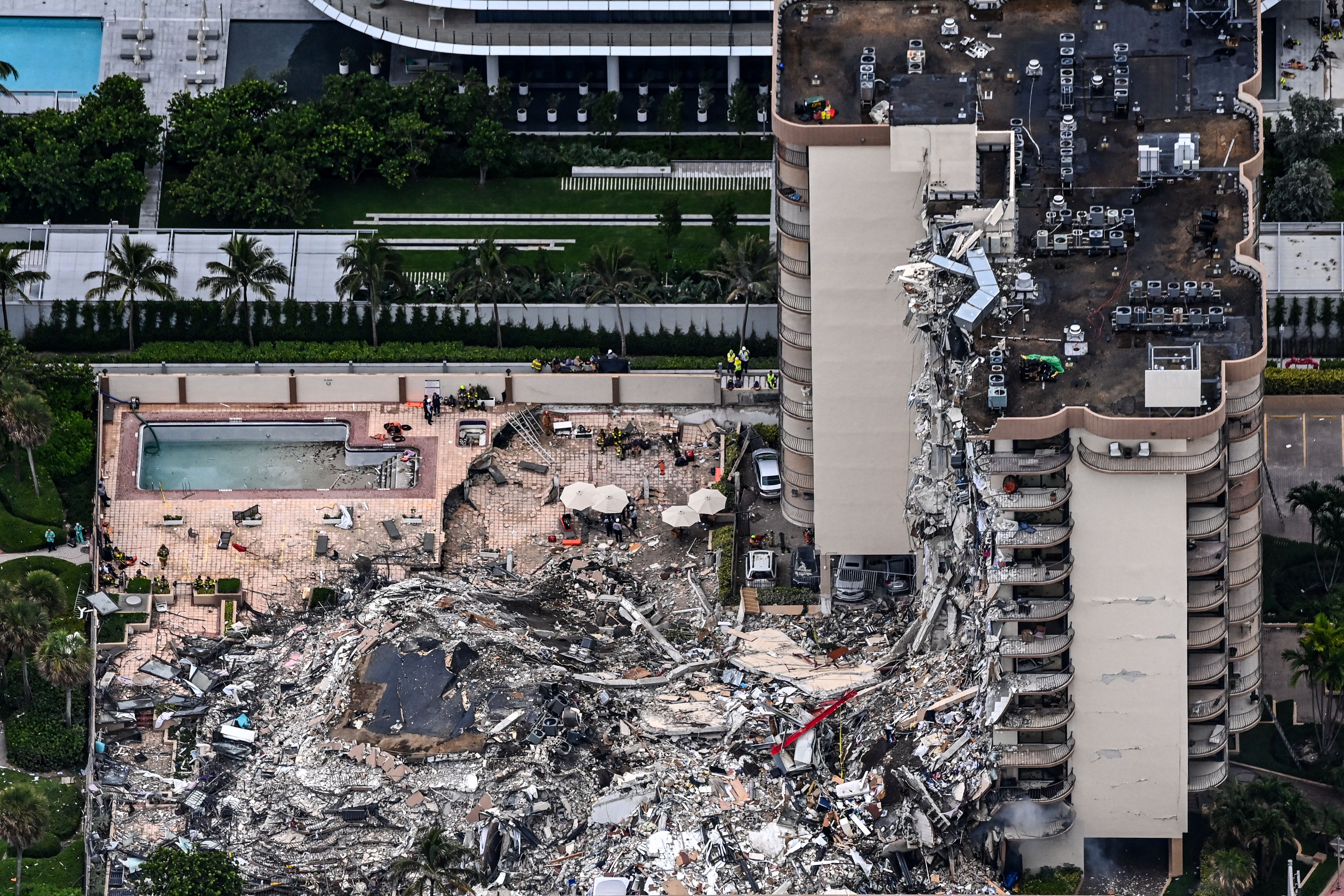 An aerial view of the partially collapsed remains of the Champlain Towers South complex in Surfside, north of Miami Beach, on June 24.