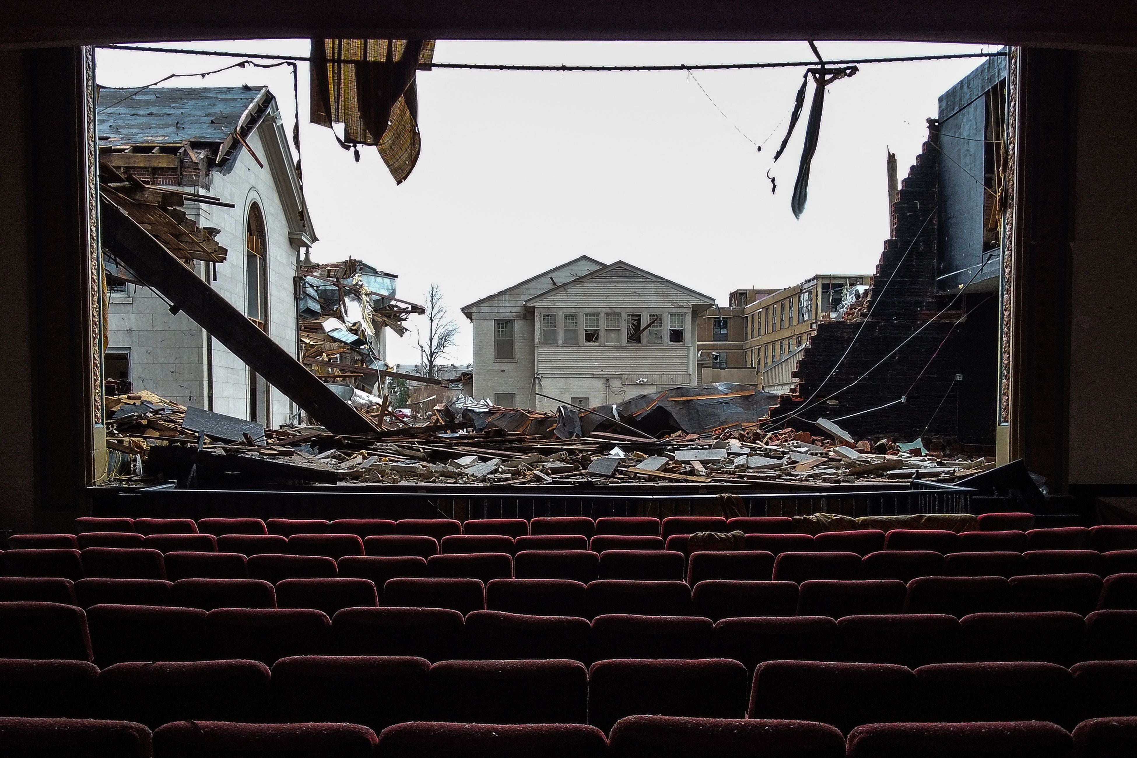 What remains of the Legion Theatre in Mayfield, Kentucky, on 16 December, following a tornado that hit five midwestern US states, killing nearly 80 in Kentucky alone.