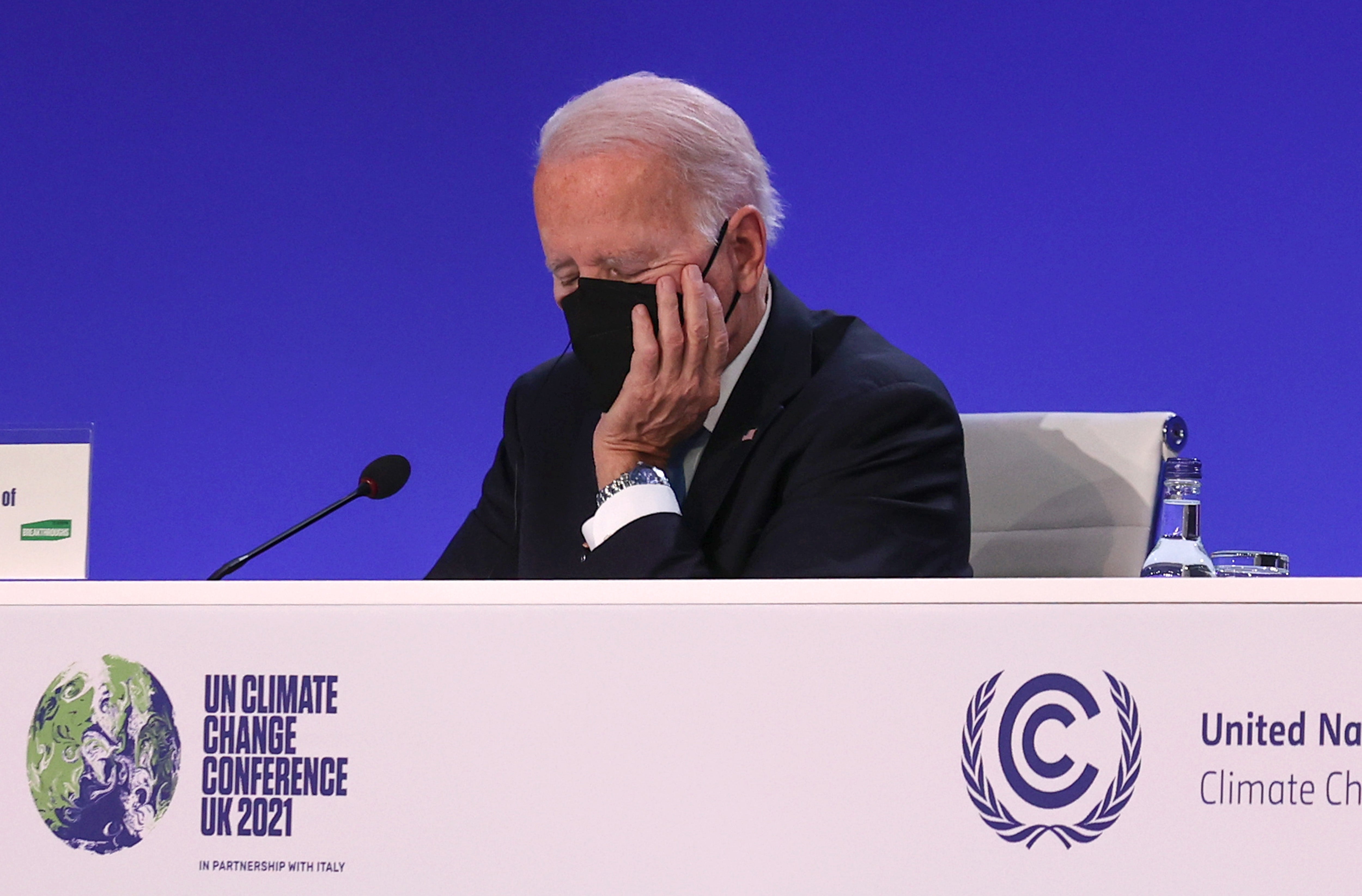 Joe Biden was widely criticised for falling asleep during a speech at Cop26 in Glasgow, Scotland, where he committed the US to “lead by example”.