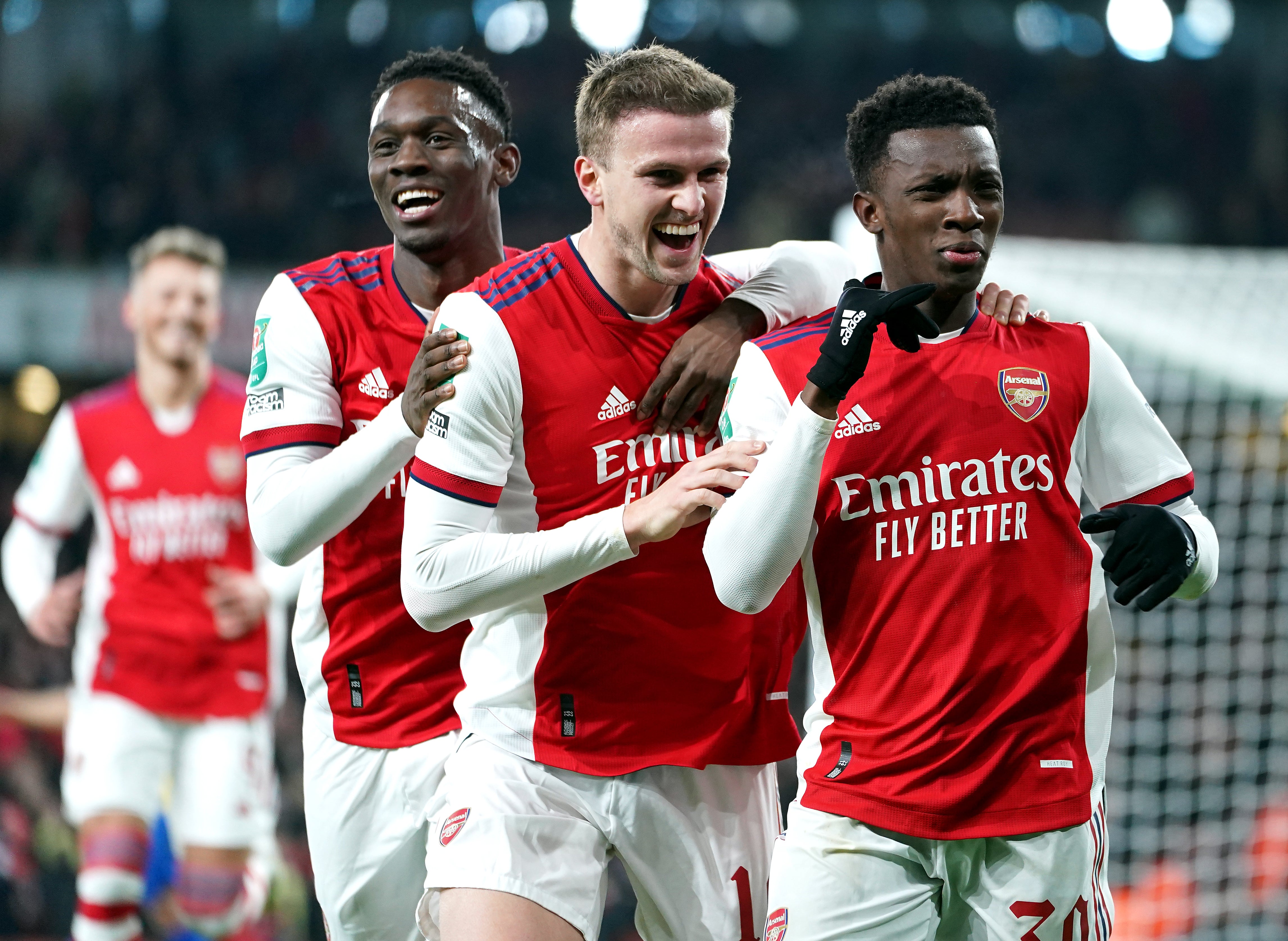 Eddie Nketiah, right, celebrates with his Arsenal teammates