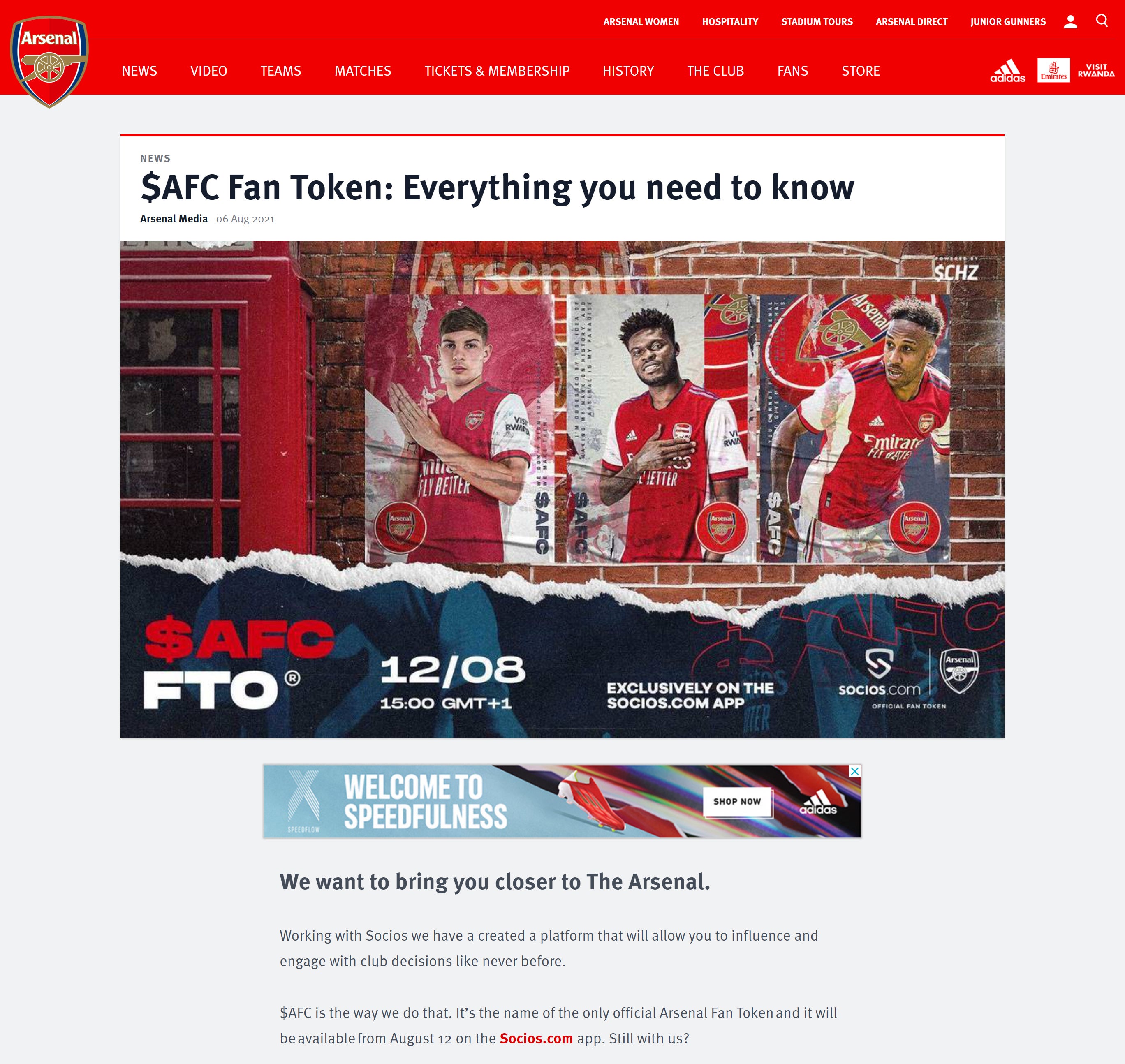 Arsenal’s website ad for fan tokens banned by the Advertising Standards Authority (ASA/PA)