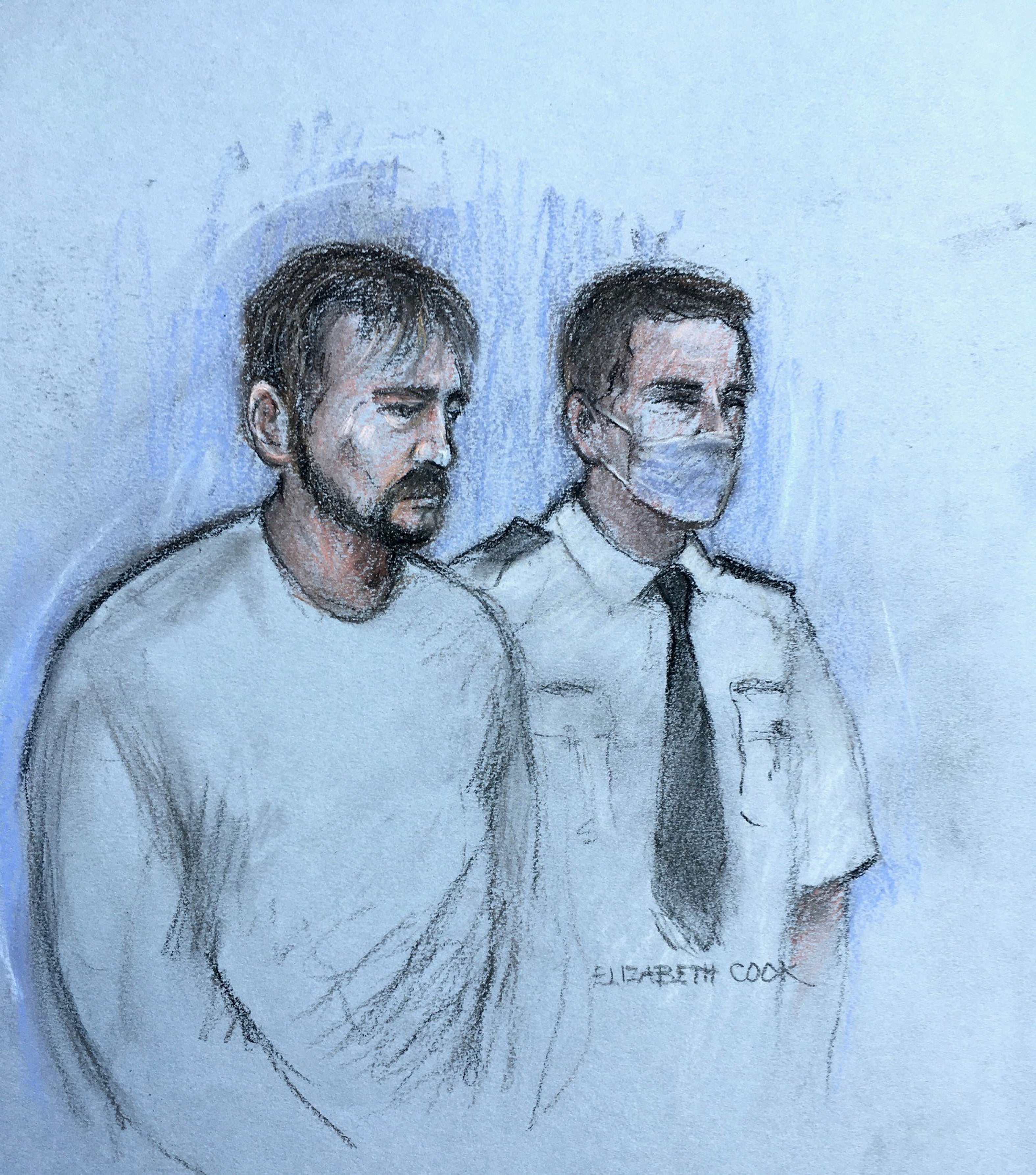 Court artist sketch by Elizabeth Cook of Collin Reeves (left), in the dock at Taunton Magistrates’ Court (Elizabeth Cook/PA)