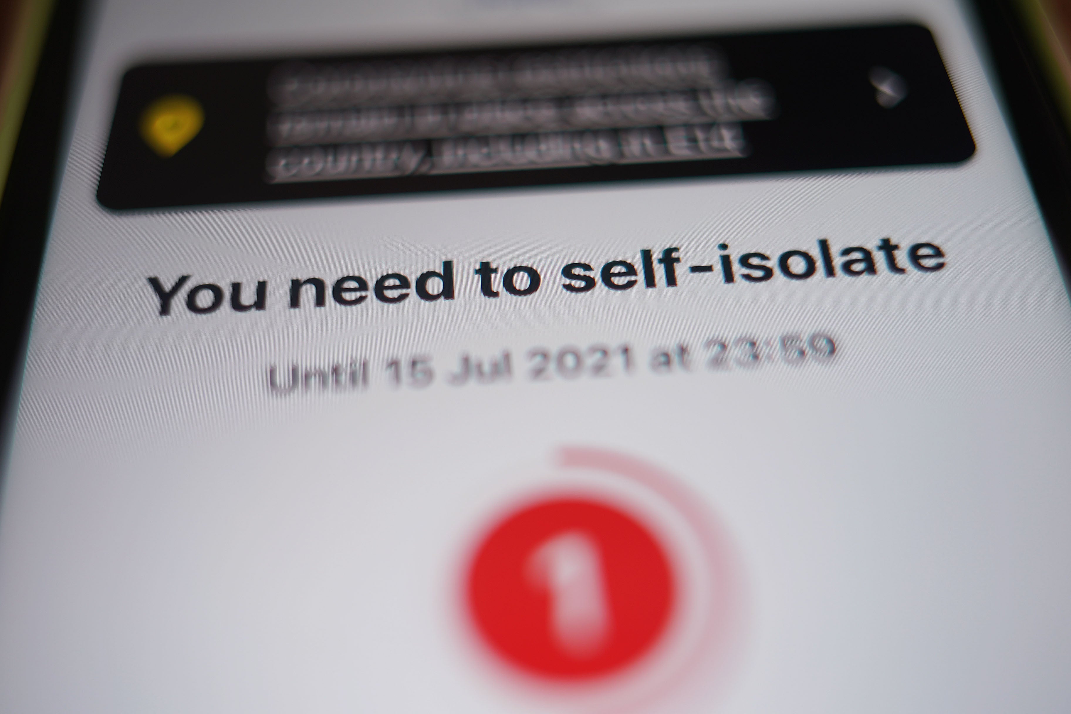 A message asking the recipient to self-isolate displayed on the NHS coronavirus contact tracing app