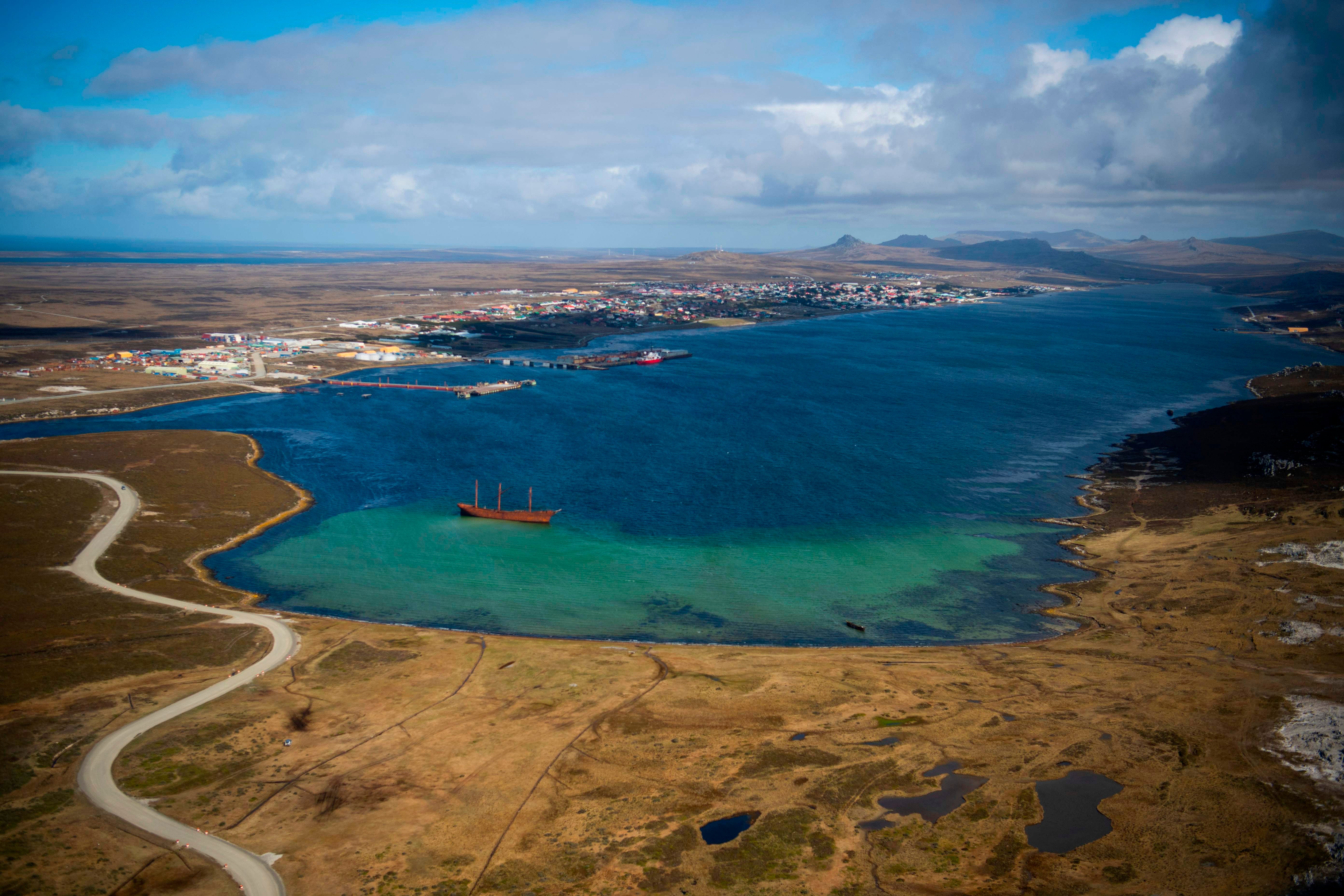 An aerial view of Stanley, in the Falkland Islands (Malvinas), a British overseas territory in the southern Atlantic Ocean.