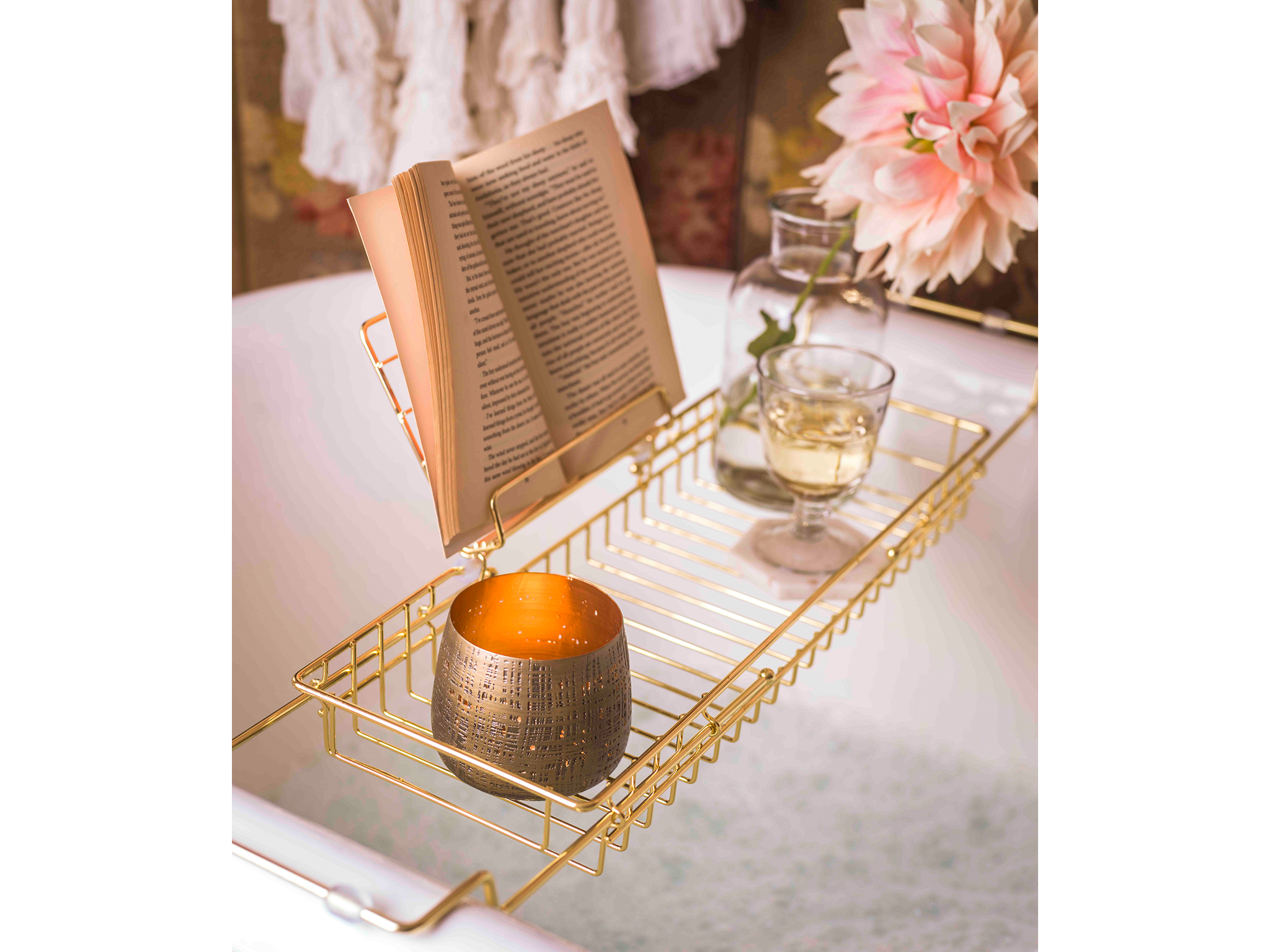 Gold bath caddy with stand