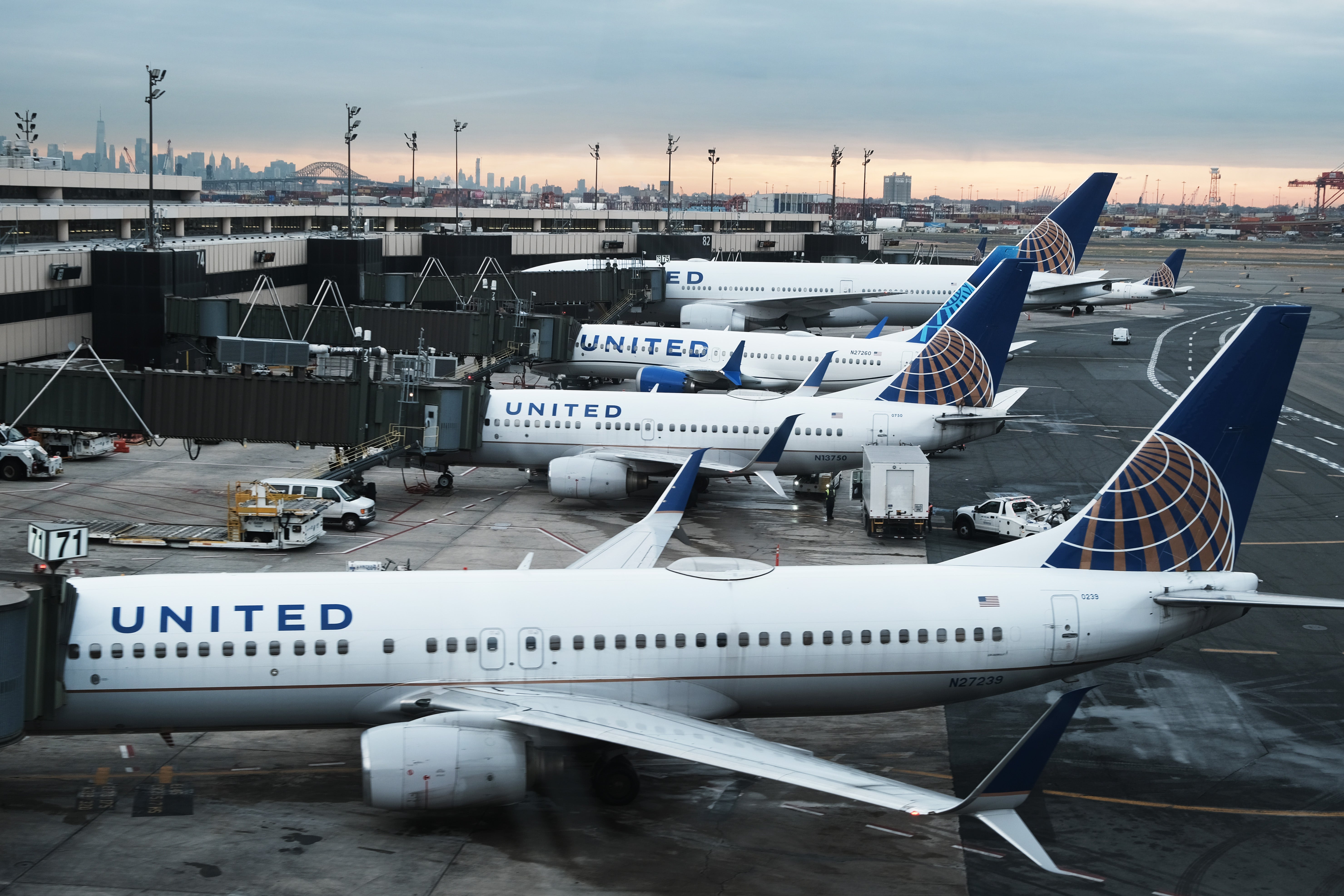 United Airlines planes sit on the runway at Newark Liberty International Airport