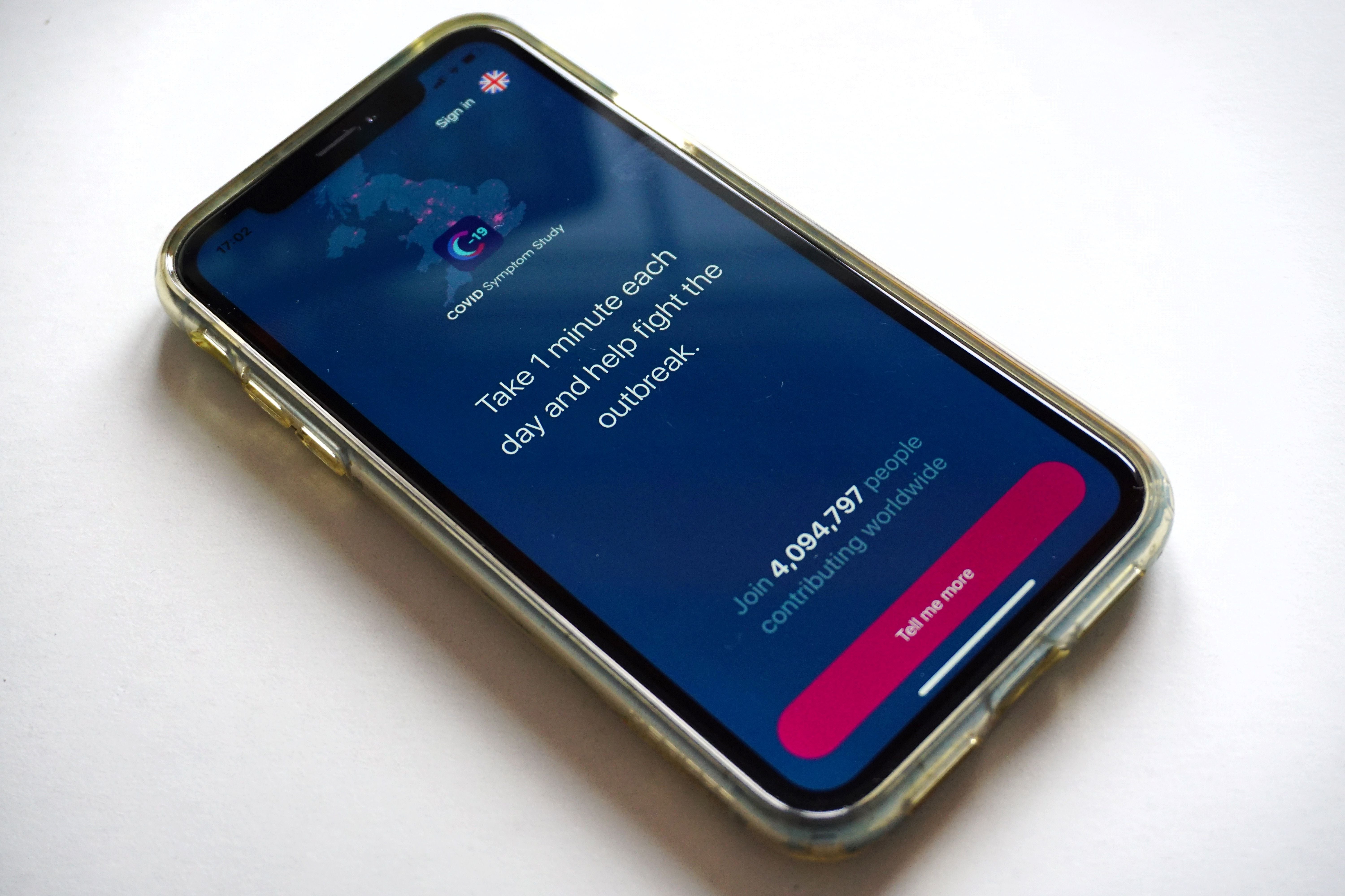 Photograph shows the Covid-19 Symptom Study app, developed by health science company ZOE, on a smartphone