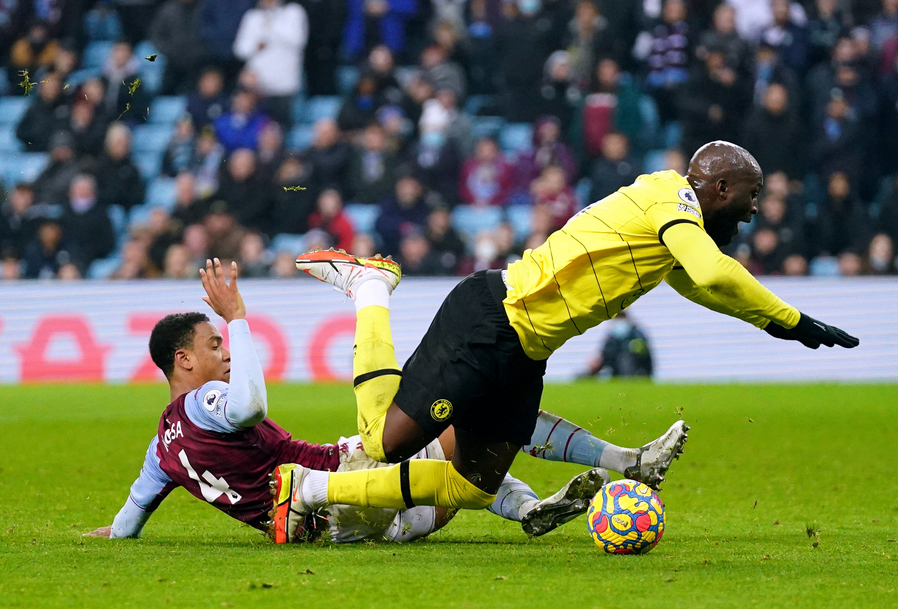 Romelu Lukaku, right, is fouled in the box by Ezri Konsa (Nick Potts/PA)