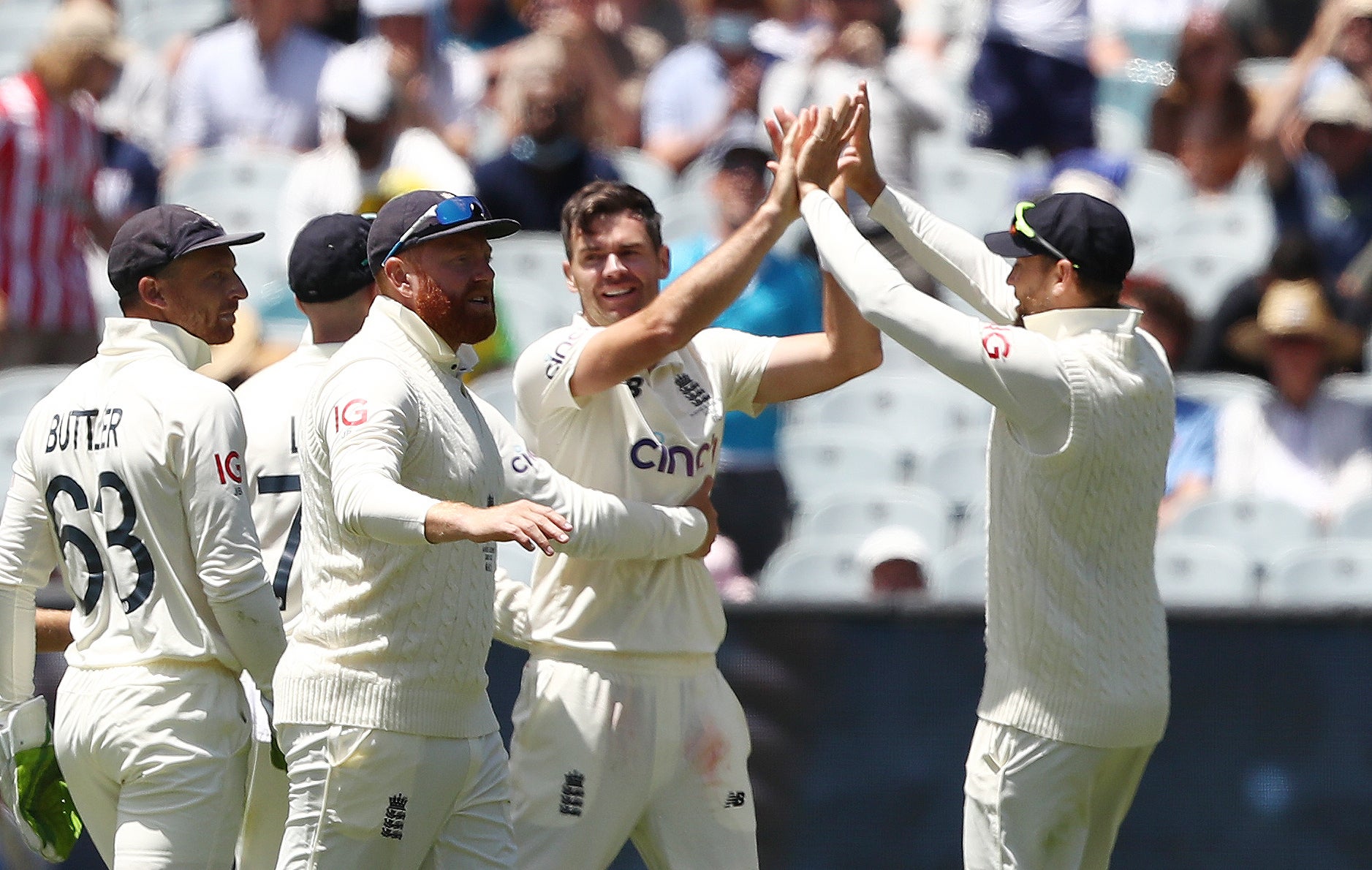 England’s James Anderson celebrates the wicket of Australia’s Steve Smith (Jason O’Brien/PA)