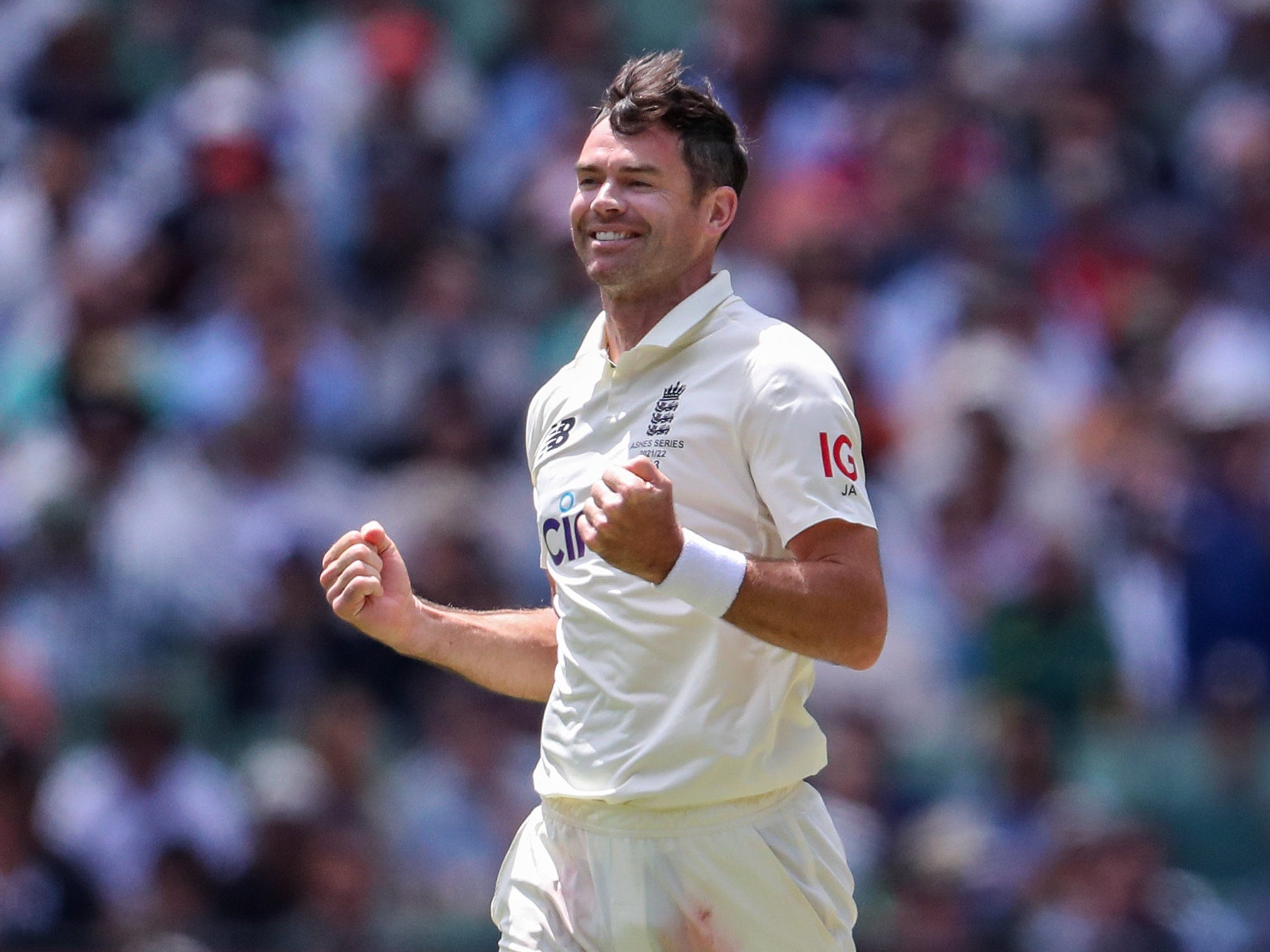 James Anderson celibates the wicket of Australia’s Marcus Harris (AP)