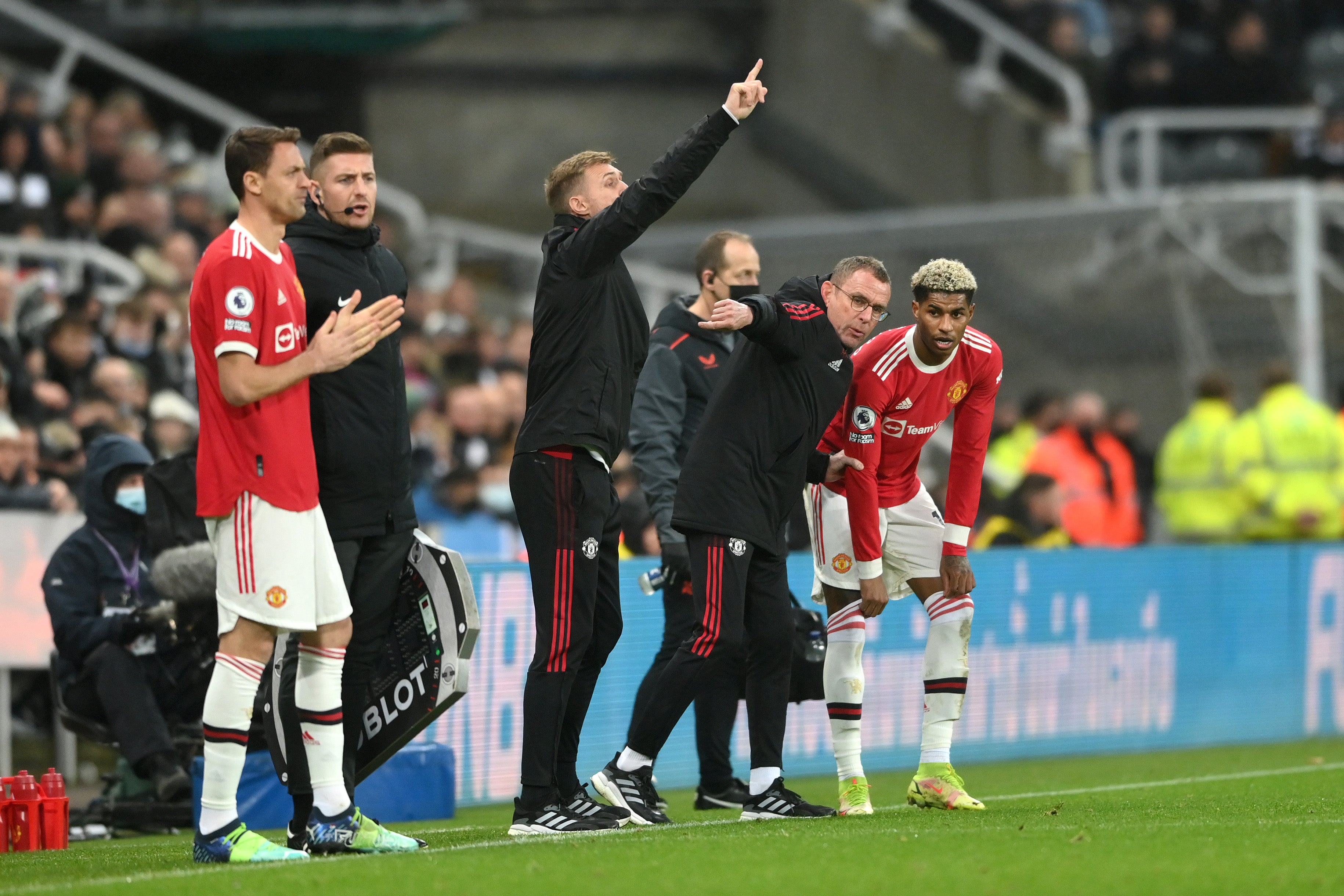 Ralf Rangnick talks to Marcus Rashford at St James’ Park