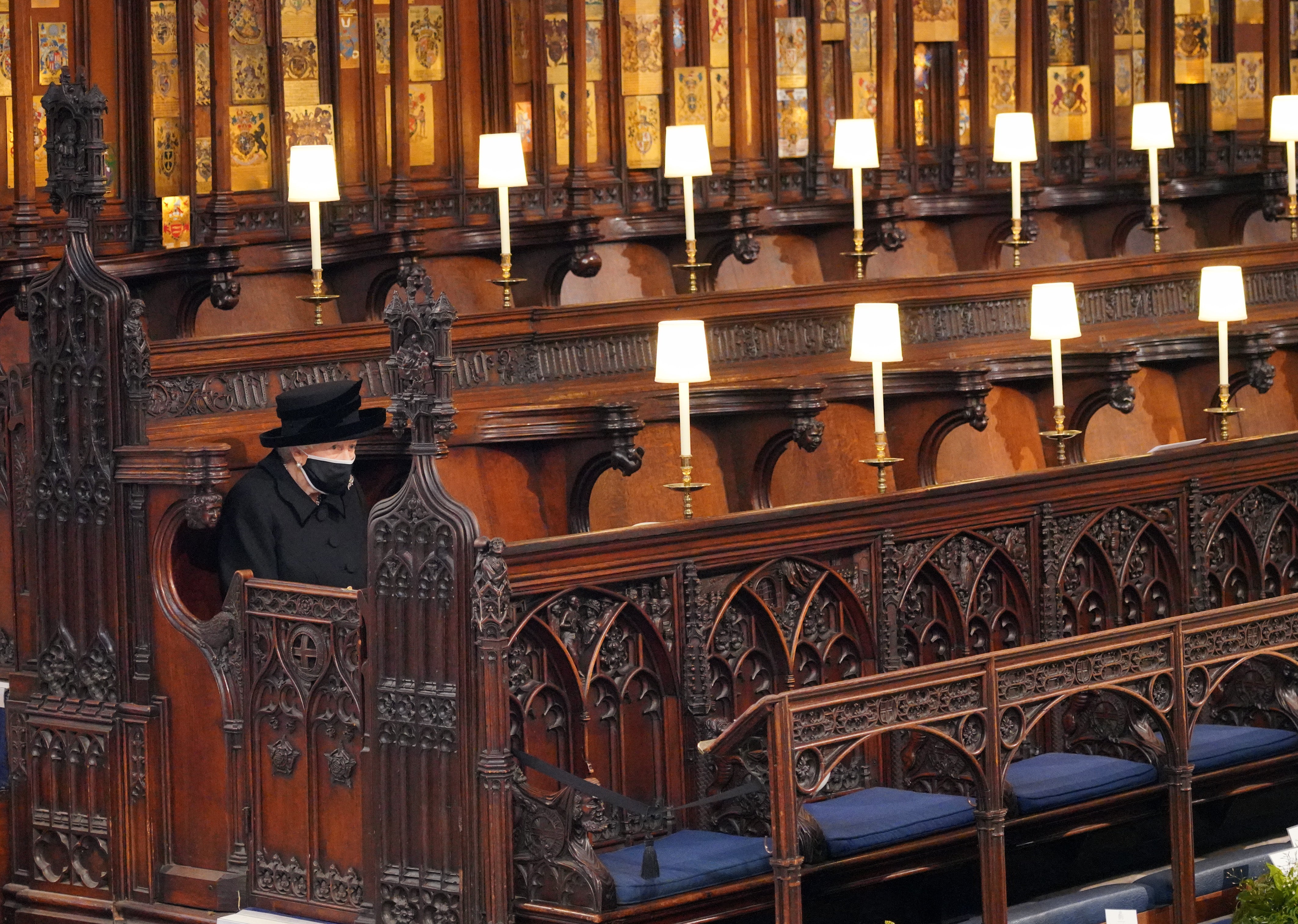 The Queen sits alone at the Duke of Edinburgh’s funeral (Jonathan Brady/PA)