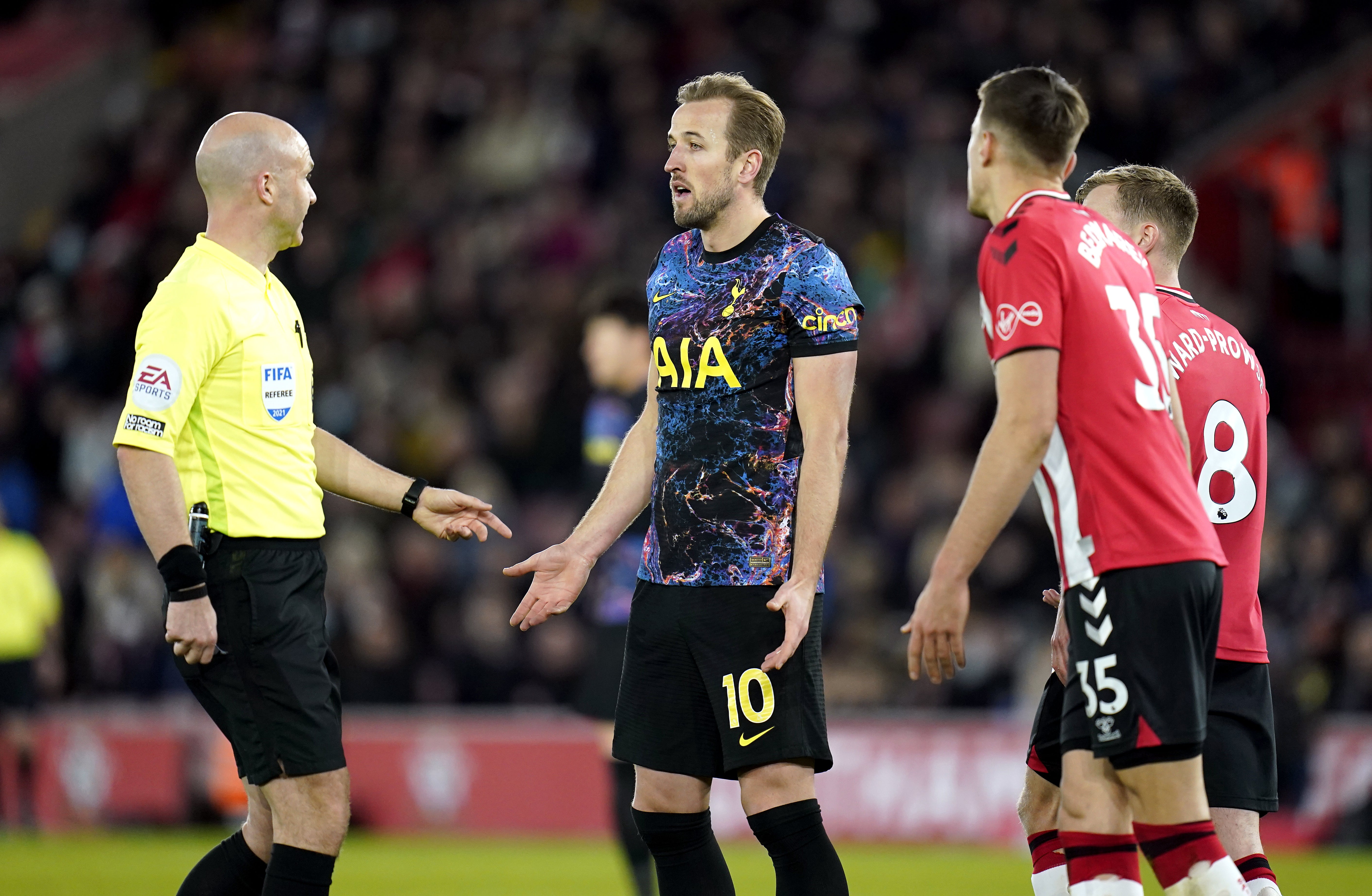 Harry Kane, centre, appeals to referee Anthony Taylor after a disallowed goal (Andrew Matthews/PA)