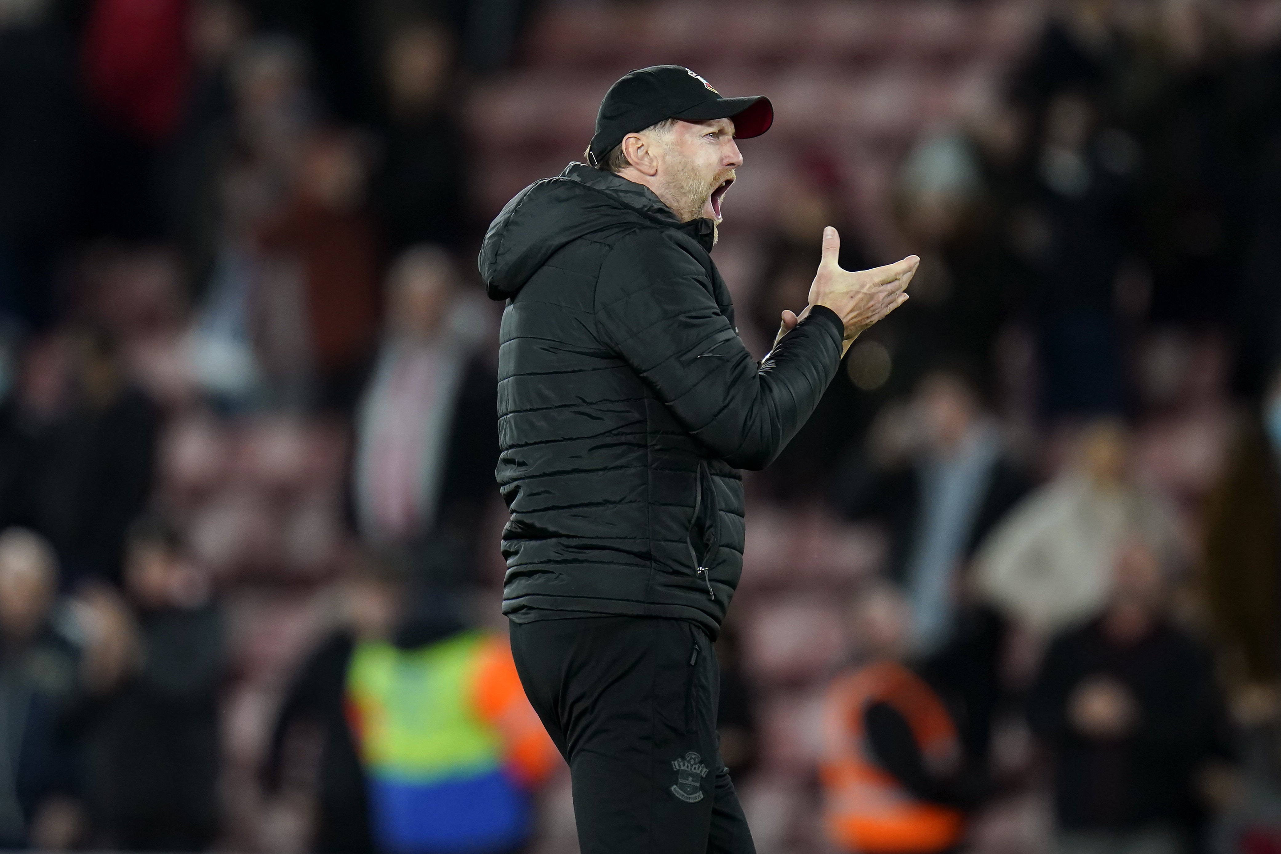 Ralph Hasenhuttl celebrates after the final whistle (Andrew Matthews/PA)