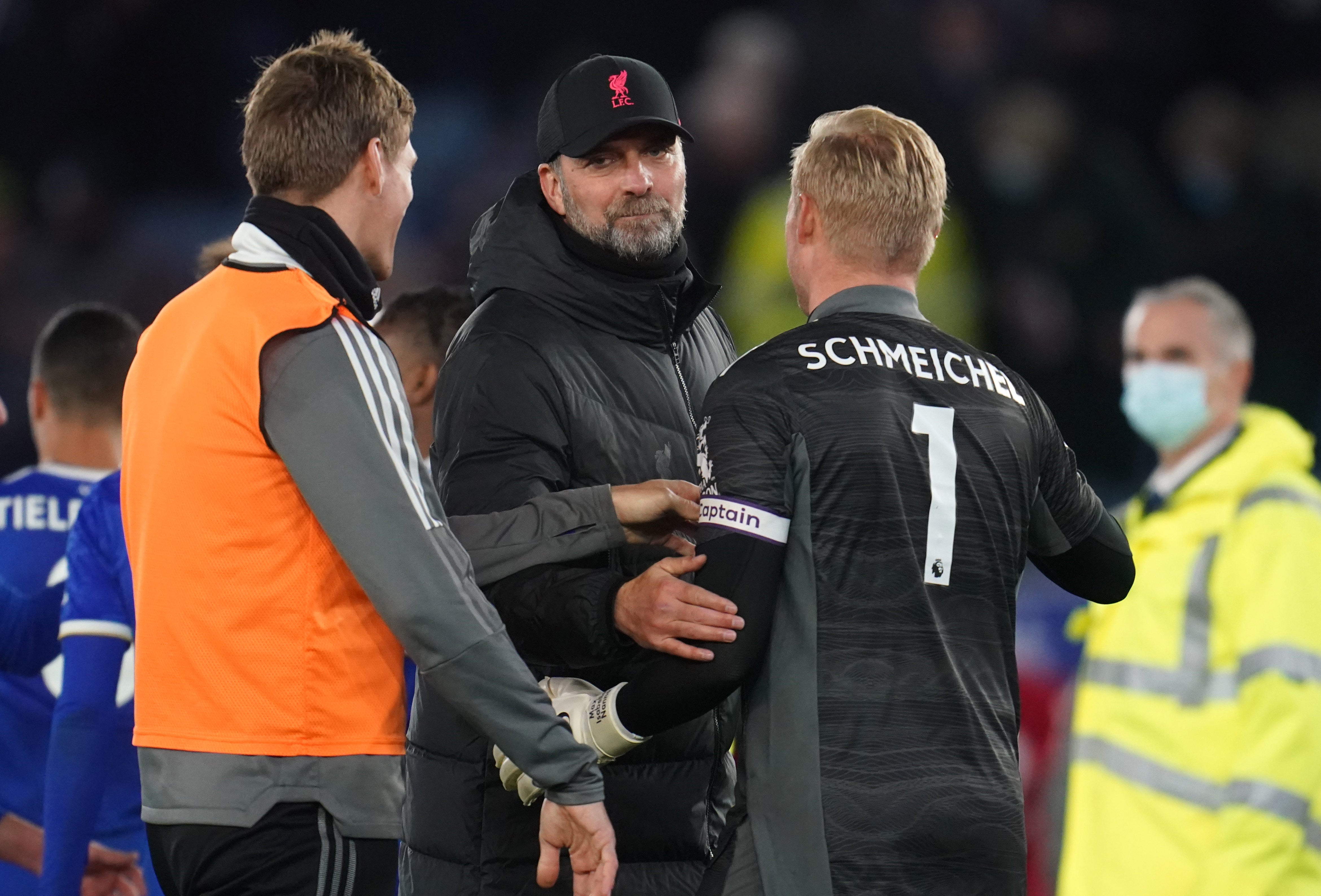 Liverpool manager Jurgen Klopp shakes hands with Leicester goalkeeper Kasper Schmeichel after the game (Nick Potts/PA)