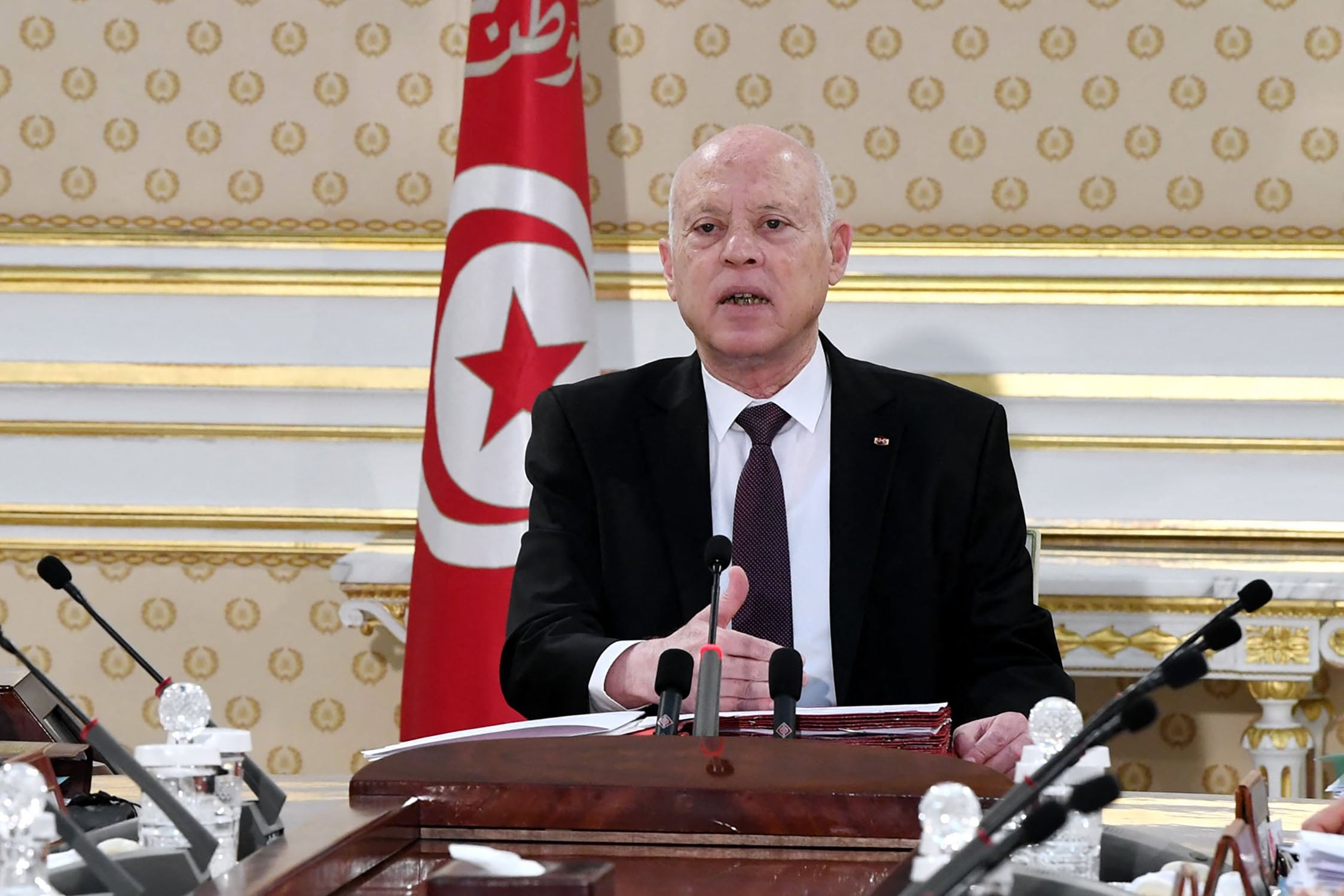 File photo: Tunisia’s President Kais Saied attends a cabinet meeting in the capital Tunis, 13 December 2021