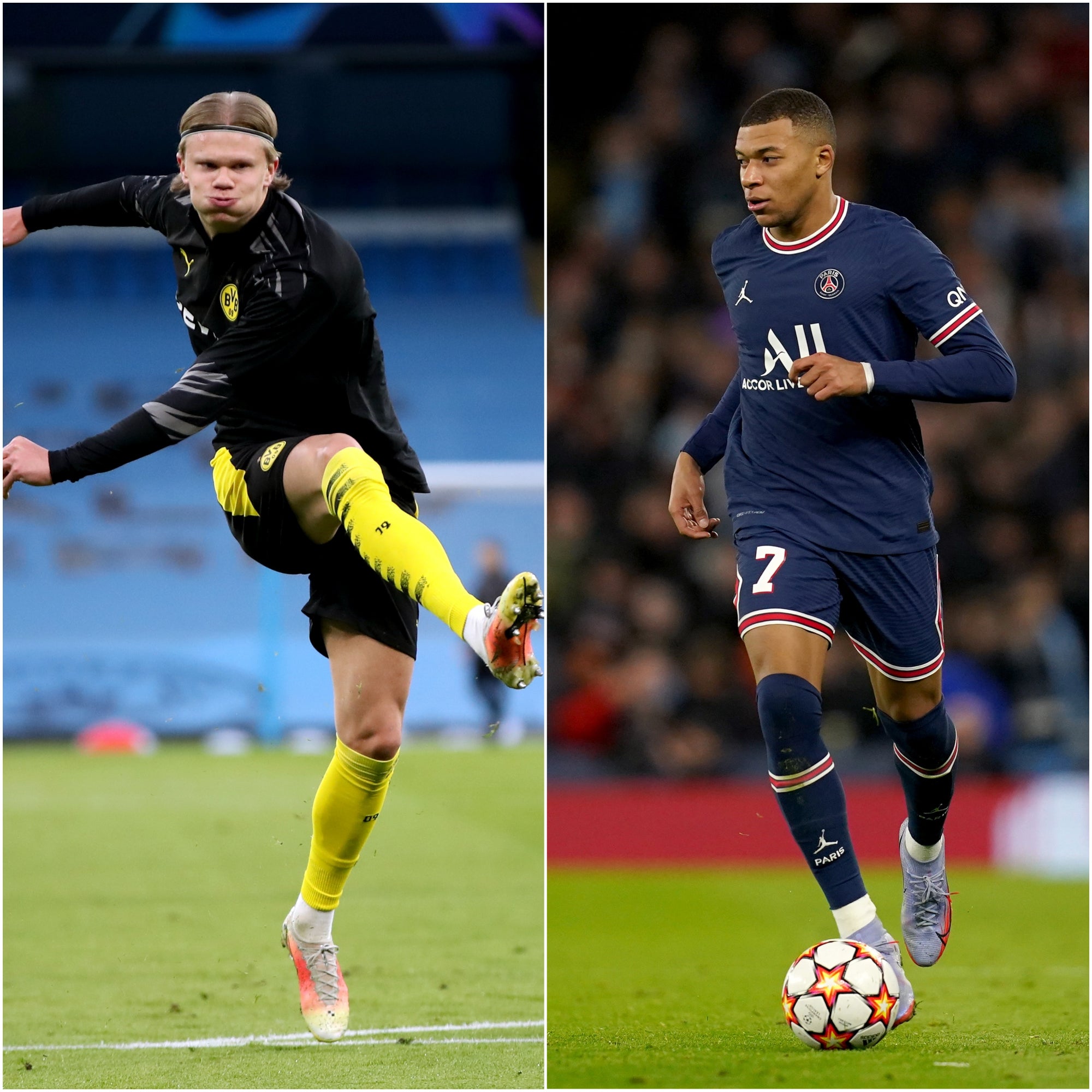 Real Madrid are linked with both Erling Haaland, left, and Kylian Mbappe (Nick Potts/Martin Rickett/PA)