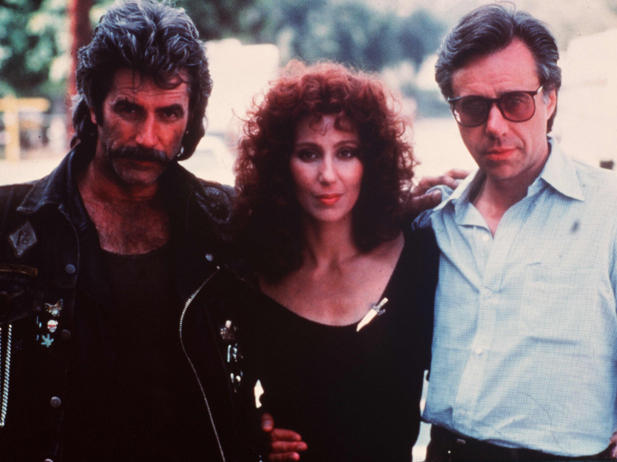 Sam Elliott, Cher and Peter Bogdanovich on the set of ‘Mask'