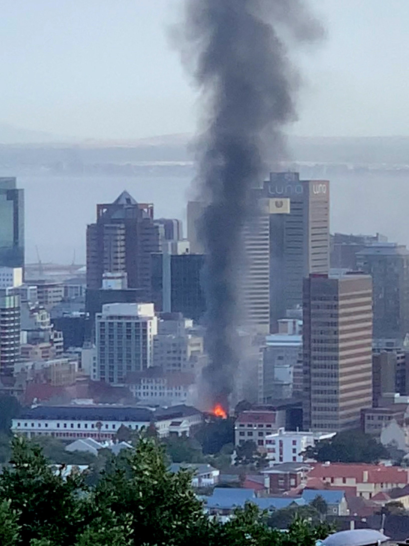 A general view of the fire at the South African parliament precinct in Cape Town