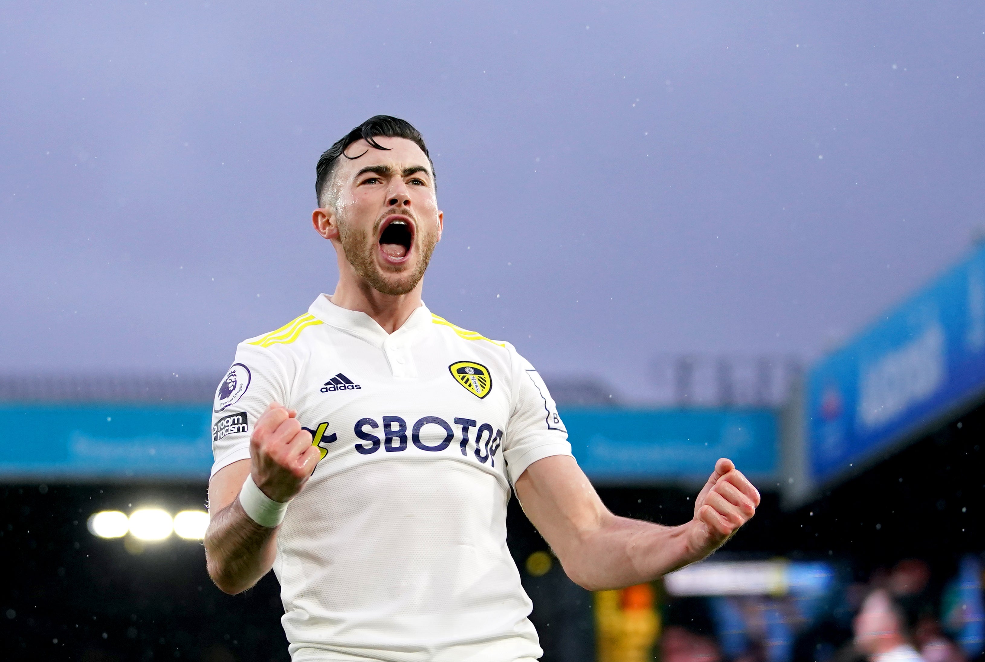 Jack Harrison celebrates scoring Leeds’ first goal (Mike Egerton/PA)