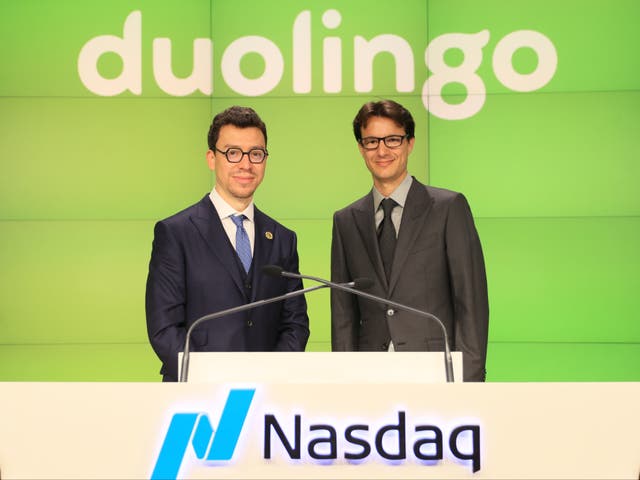 <p>Duolingo’s Luis von Ahn (left) and Severin Hacker </p>